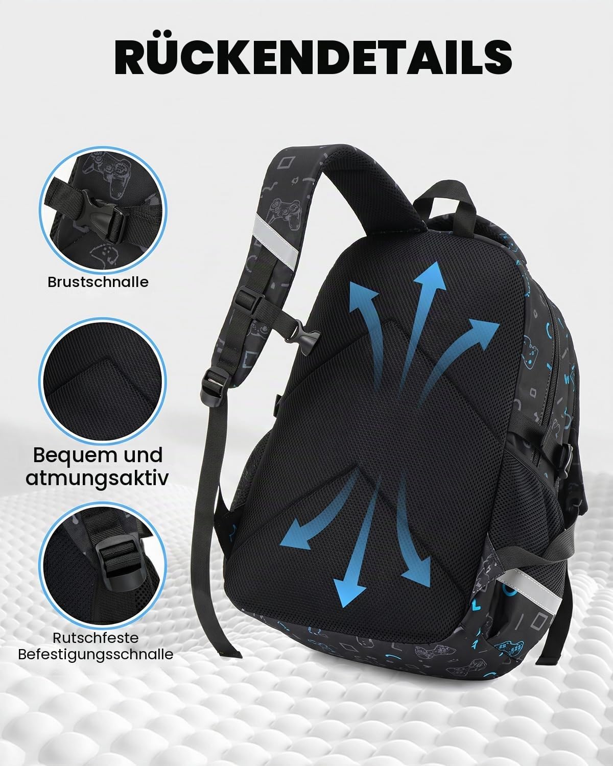 Amythe Schulranzen Jungen 1. bis 4. Klasse Reflektierend, Spielkonsole | Nachtleuchtend Wasserdicht Laptopfach Leicht Spielkonsole Daypack Multitasche Geräumig Robust für Schule Reisen Wandern