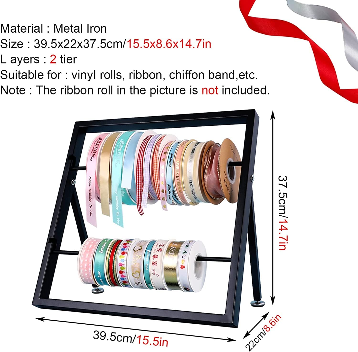 Craft Room Lint Organizer Rack Wandmontage Bloem Inpakpapier Houder, IJzer Grote Capaciteit Craft Ribbon Organizer Rack for Craft Room/Winkelwinkels, Eenvoudig te installeren (Color : Black, Size