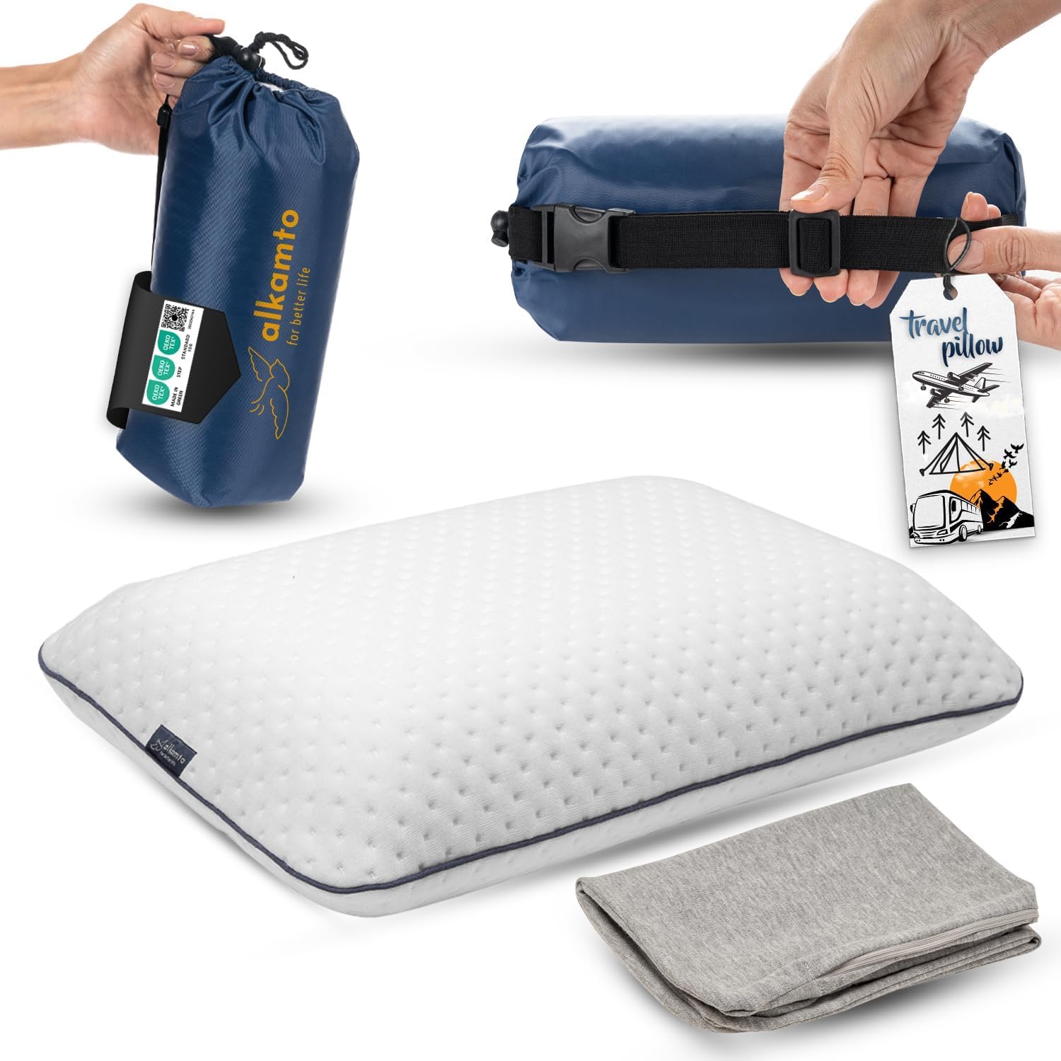 alkamto Almohada de Viaje Almohada de Camping – Espuma viscoelástica con Funda de algodón Adicional – Bolsa incluida