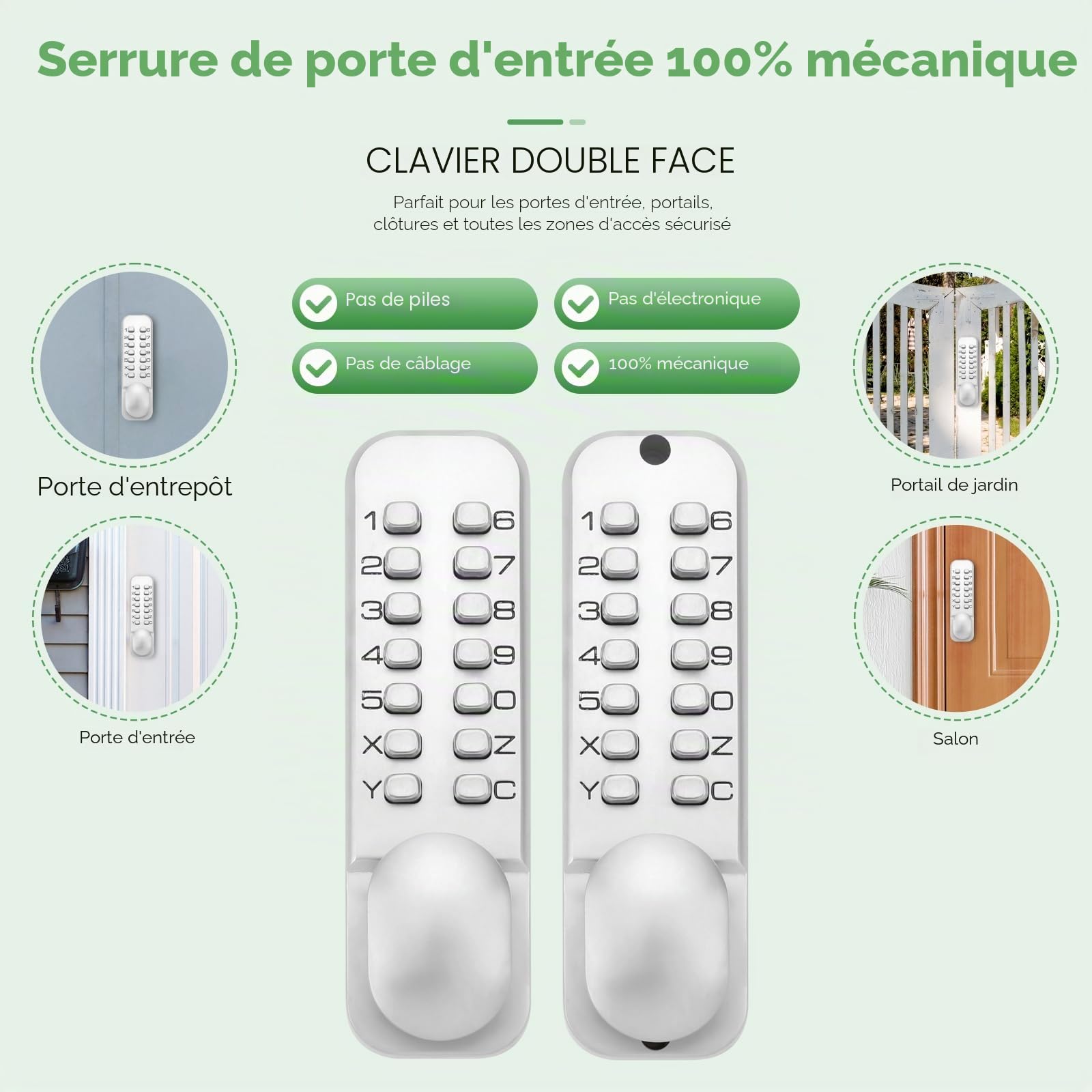 Serrure de porte entièrement mécanique sans clé, combinaison double face et poignée pour portail d'entrée, verrouillage automatique, bouton poussoir intérieur et extérieur pour clôture, sans