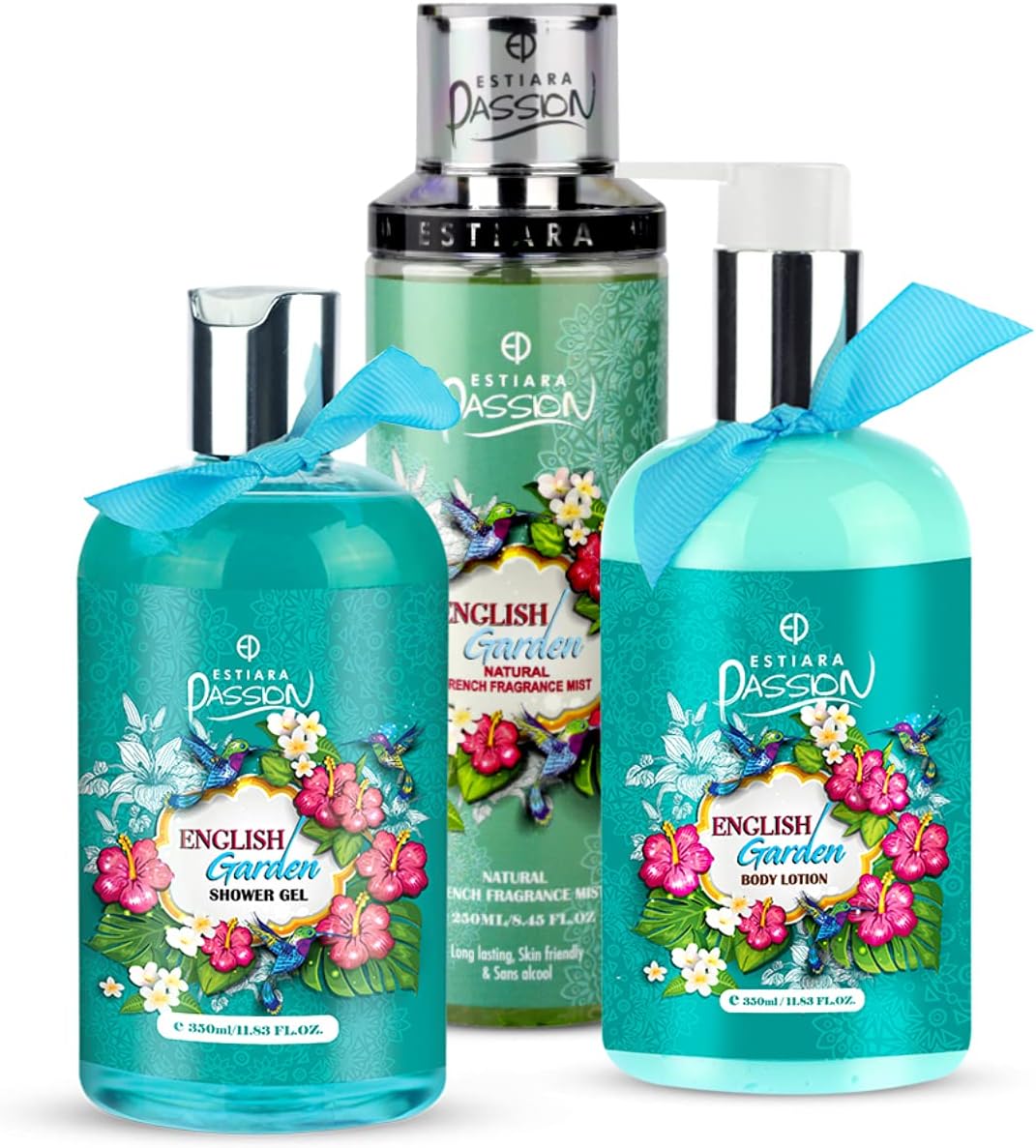English Garden Bath & Body 3 Piece Gift Set for Unisex - English Garden Body Lotion 350ML - English Garden Shower Gel 350ML - English Garden French Fragrance Mist 250ML Long Lasting