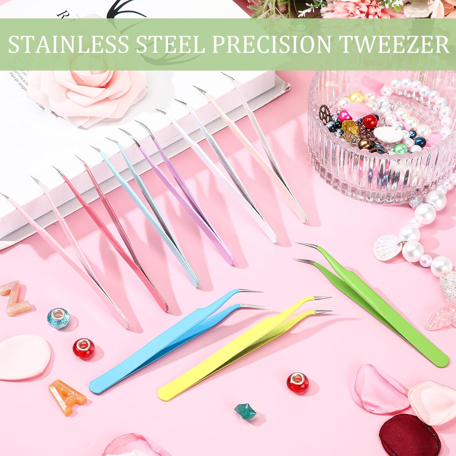 Honoson 9 Pieces Curved Pointed Craft Tweezers Stainless Steel Precision Tweezer with Protective Cover for Rhinestones Dried Flowers Craft Stickers Eyelash Extension Jewelry Making(Macaron Colors) - Image 2