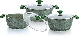 Essentials Pots and Pans Set | Granite 6 Piece Non-Stick Cast Aluminium Cookware set | Induction Base | Non Stick Cooking Set Combo | Green PR80968