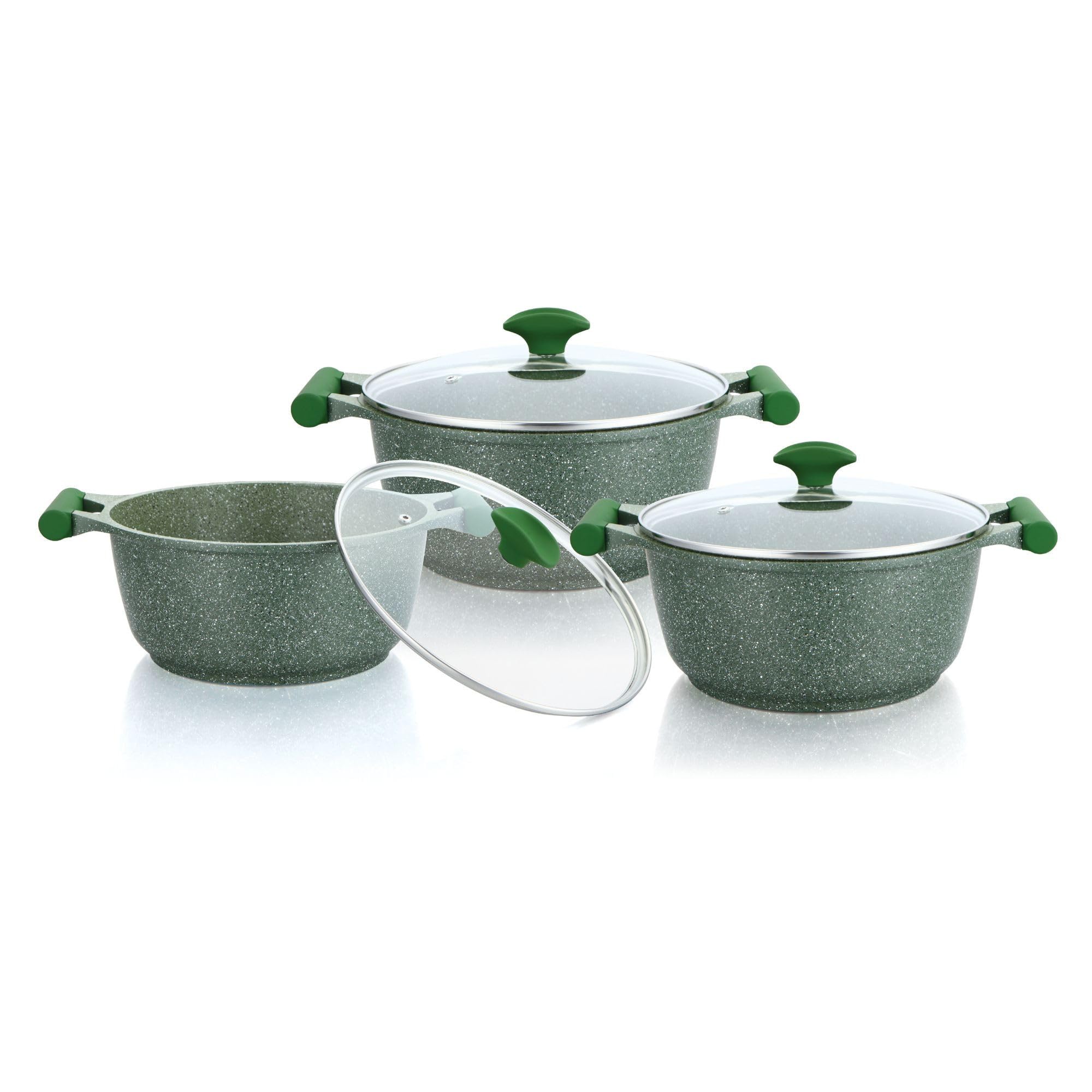 Essentials Pots and Pans Set | Granite 6 Piece Non-Stick Cast Aluminium Cookware set | Induction Base | Non Stick Cooking Set Combo | Green PR80968