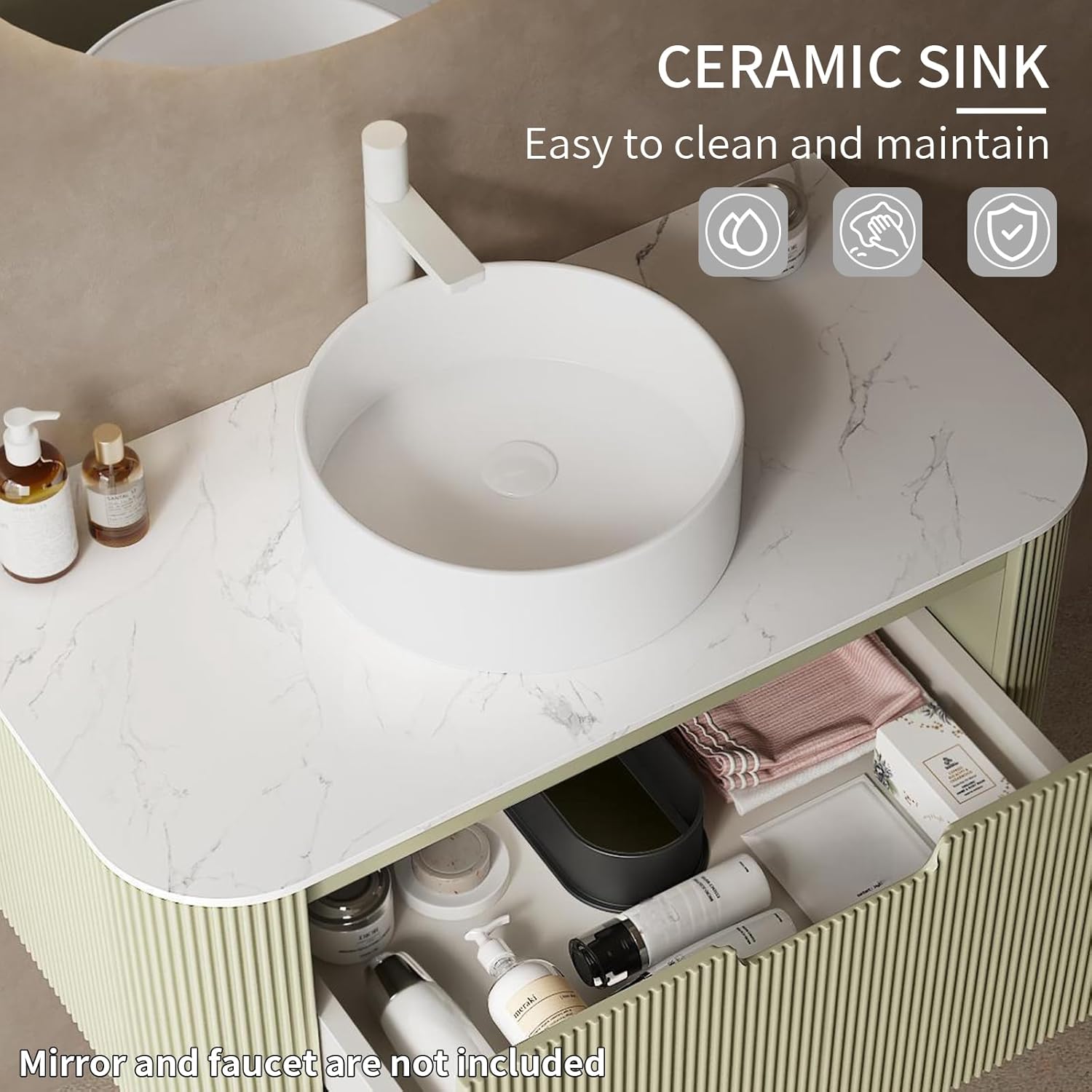 36 Inch Solid Wood Texture Floating Bathroom Vanity with Sink, Modern Wall-Mounted Striped Bathroom Storage Cabinet with White Ceramic Sink Combo, Light Green