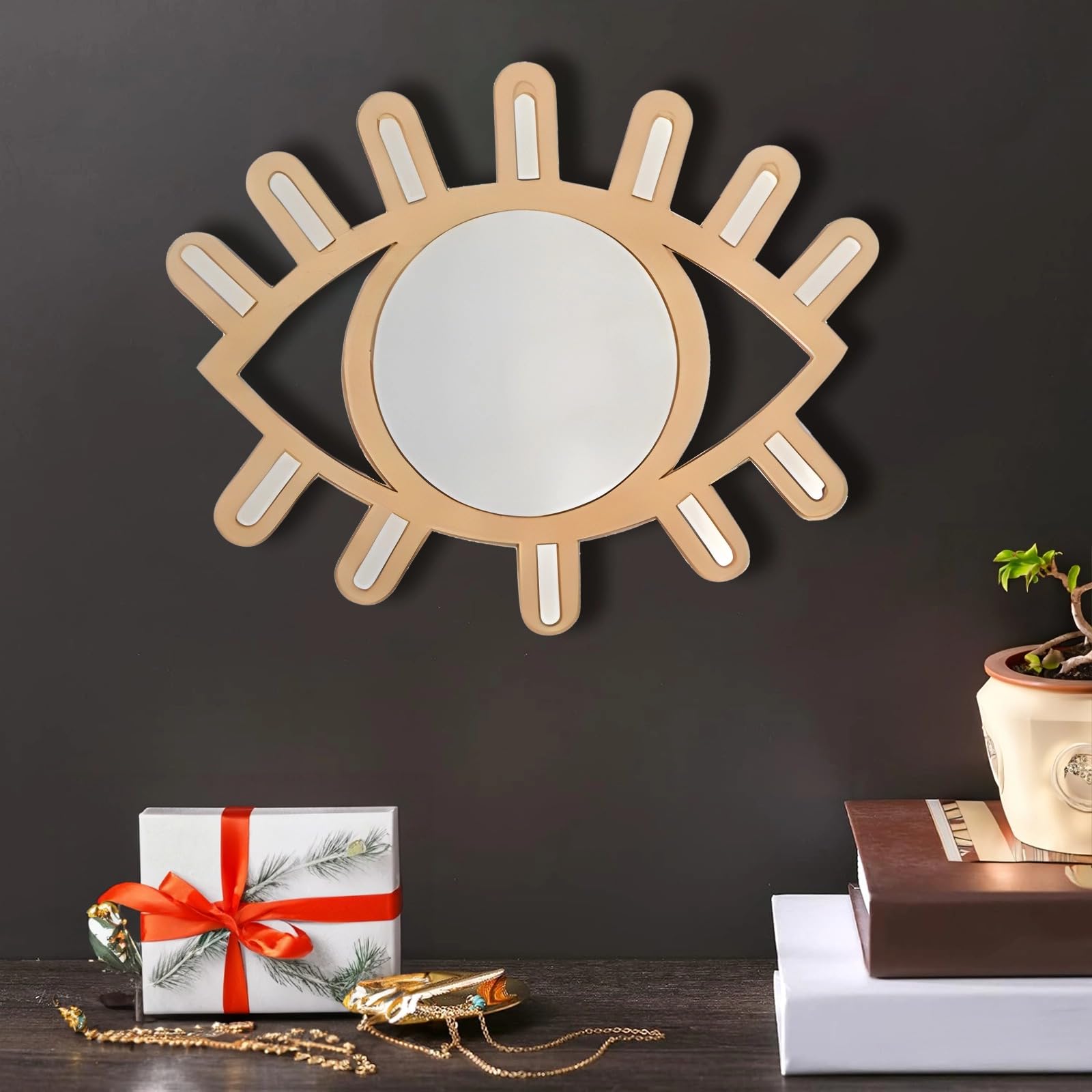 Generisch Wandspiegel in Augenform, Boho-Wandspiegel, Augenmotiv-Wanddeko aus Holz, 11,8 x 10,4 Zoll, leicht, für Wohnzimmer, Schlafzimmer und Büro, mit Warmer Holzoptik, besondere Geschenkidee