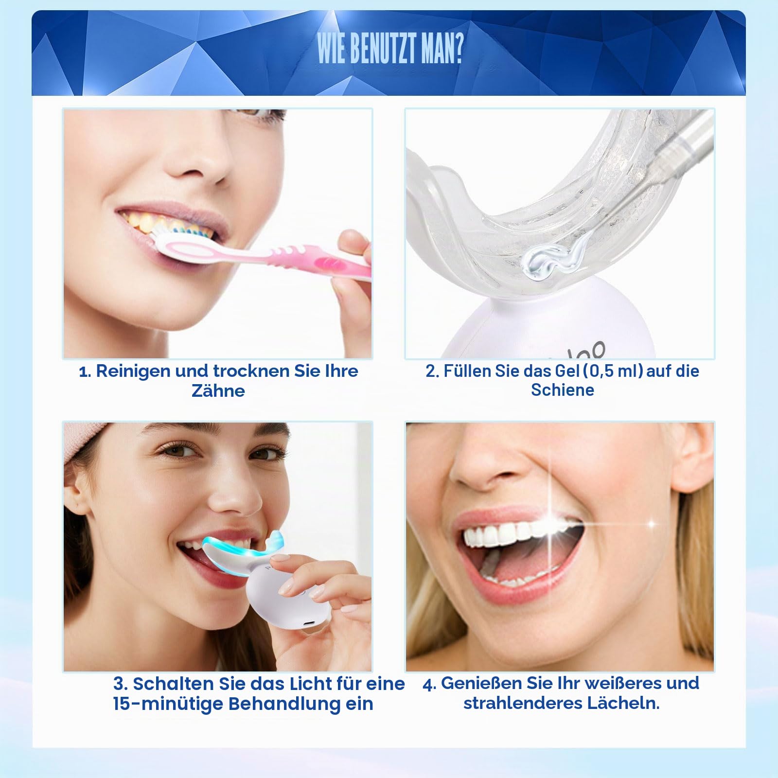 Kabelloses LED Zahnaufhellung Set mit 5 x 3ml Zähne Aufhellen-Gel – Wiederaufladbarer Zahnbleaching Set für Teeth Whitening – Faster than Whitening Strips - Zahnbleaching zu Hause