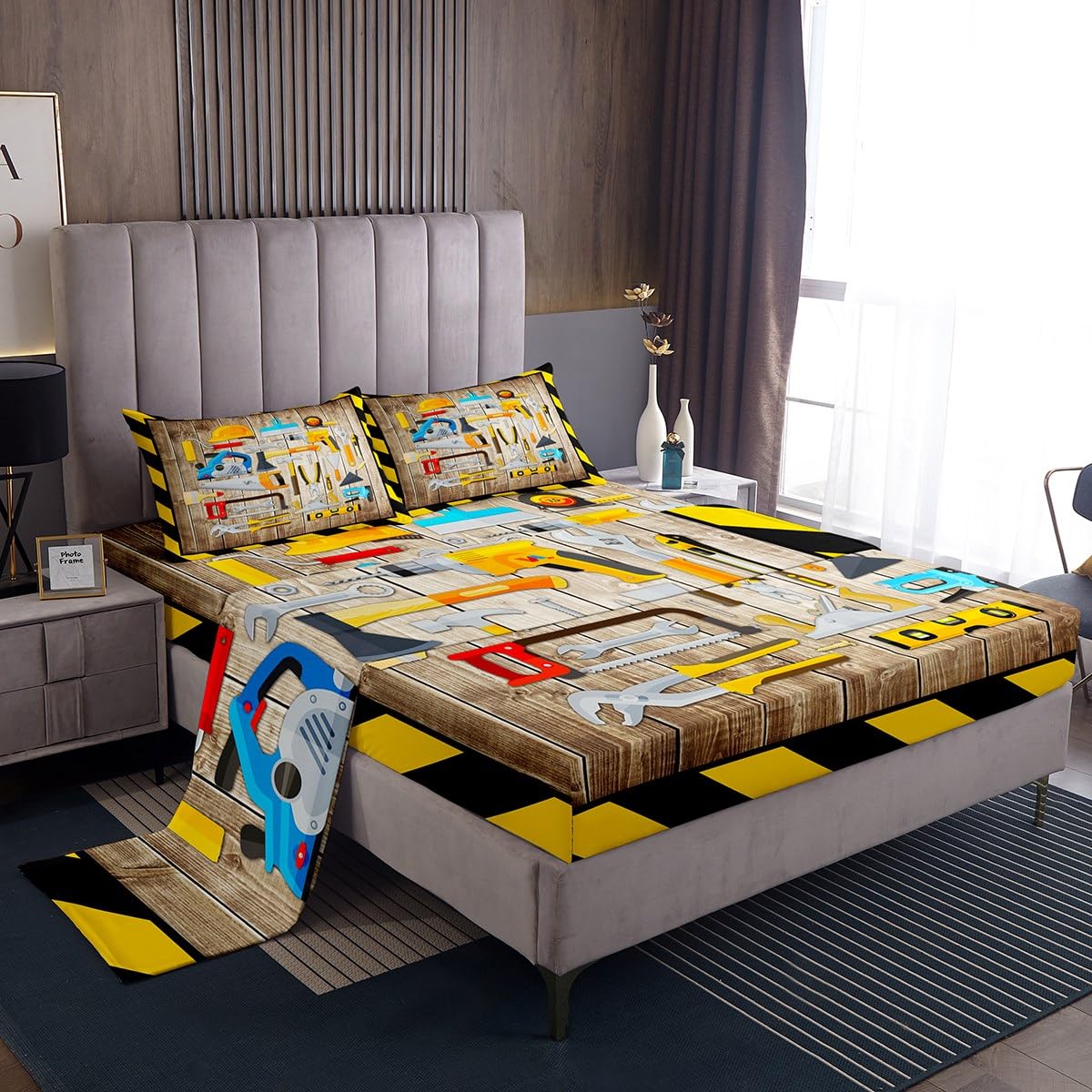 Castle Fairy Construction Tools Bed Sheet Set for Kids Boys Adults,Rustic Farmhouse Decor Wooden Stripes Fitted Sheet Set Twin 4 Pcs,Father's Day Repairing Building Tools Sheet Set for Bedroom Decor