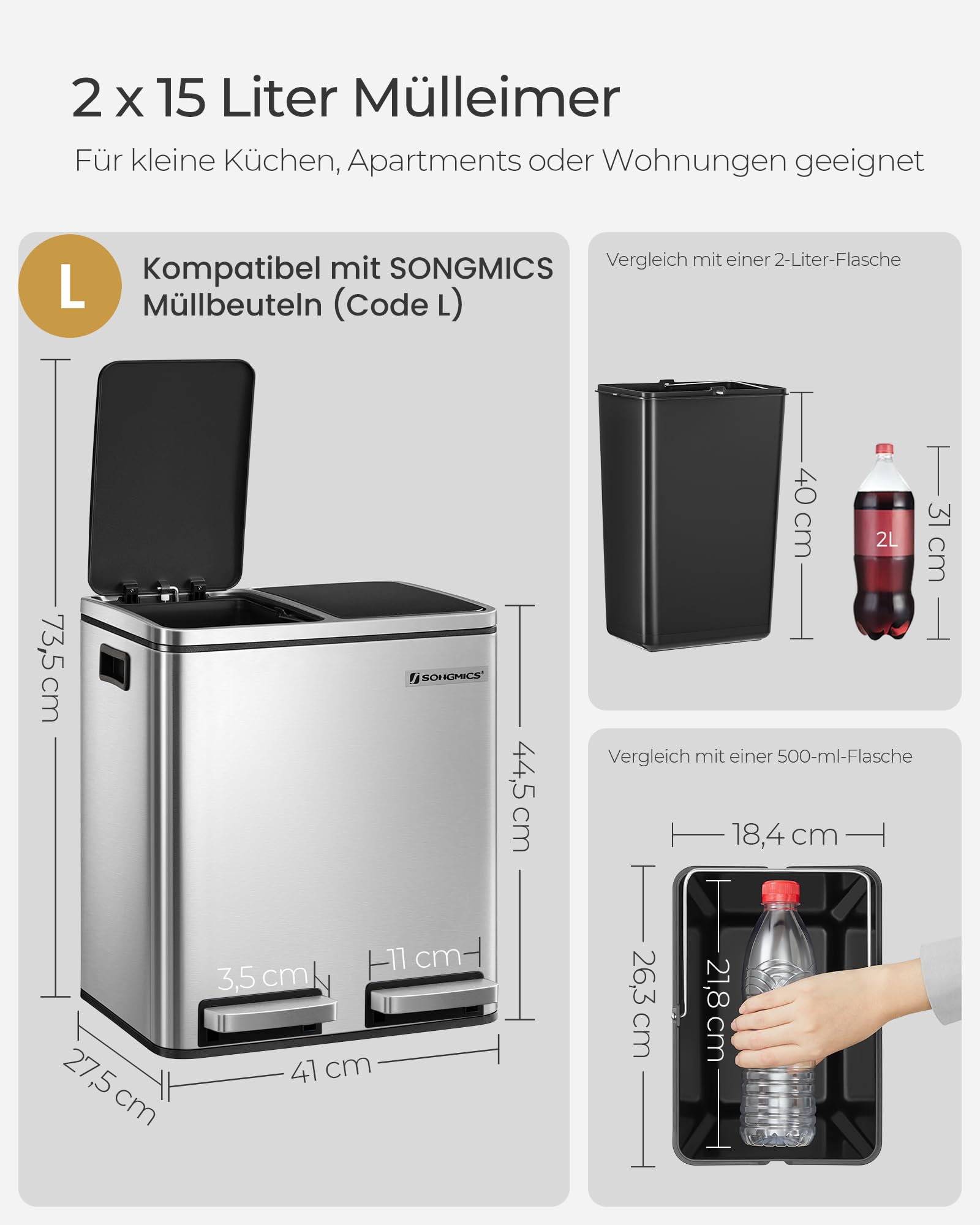 SONGMICS Mülleimer Küche 2 x 15 Liter Mülltrennsystem 2 Fächer Softclose-Deckel metallicsilber-tintenschwarz LTB30H