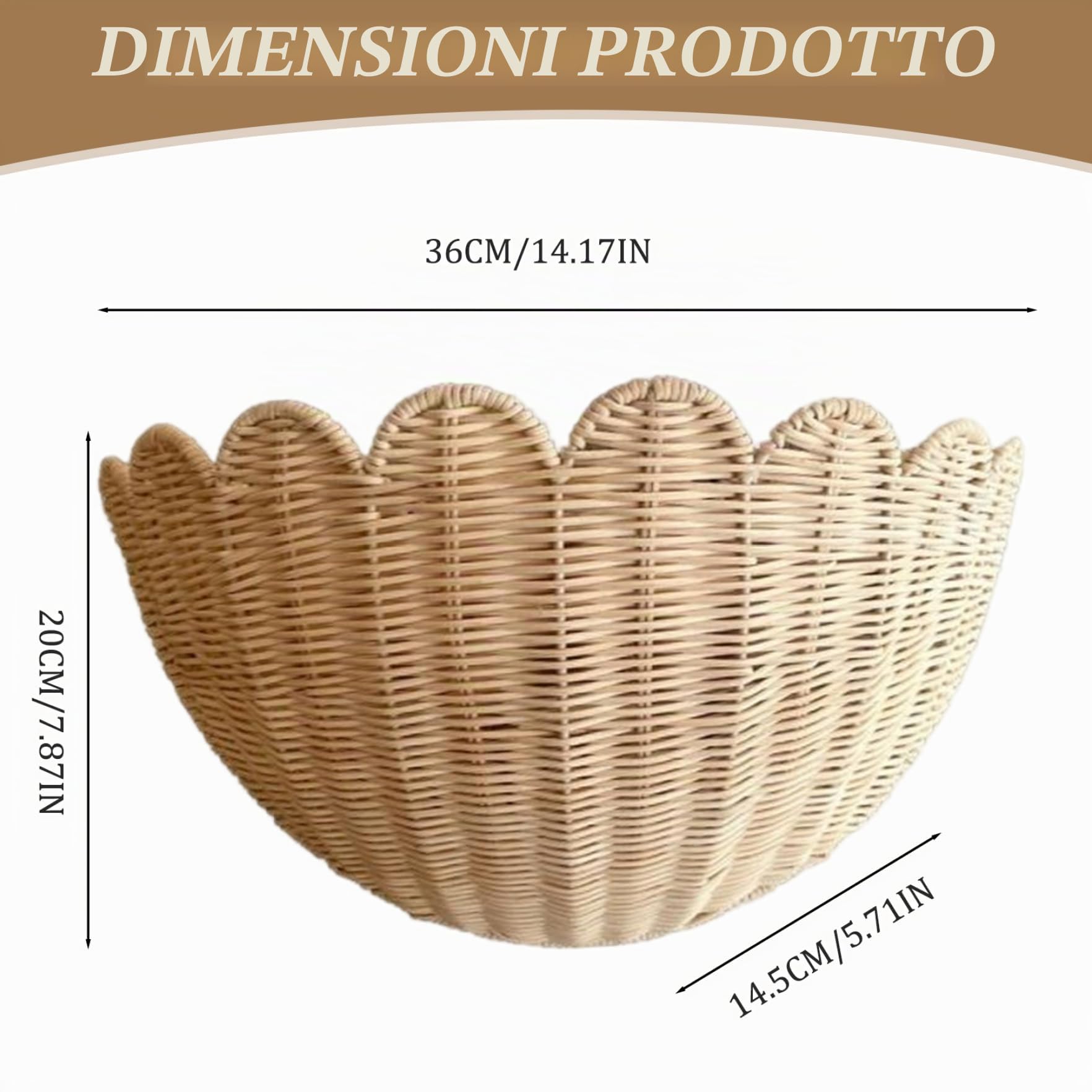 Cestino sospeso di vimini, fioriera murale di bordo smerlato rustico, stoccaggio in tessuto a mano da 14x6x8 pollici per frutta, verdura, piante, articoli da toeletta in cucina, bagno, soggiorno
