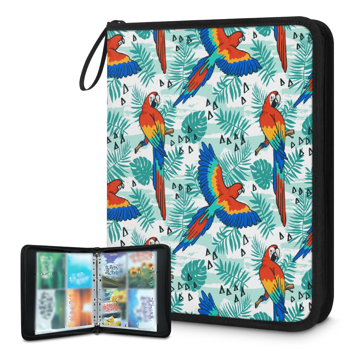 Carpeta para tarjetas de intercambio, 4 bolsillos, hojas de palmera tropicales, pájaros, loros, carpeta, carpeta, álbum de tarjetas con fundas extraíbles, impermeable, con cremallera, capacidad para