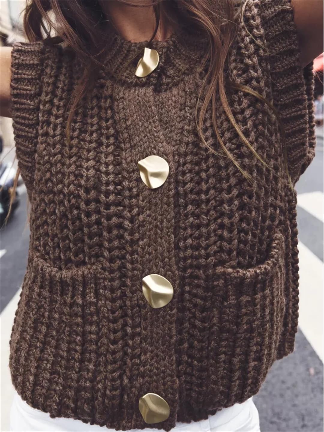 Women Crop Sweater Vest Solid Loose Casual Sweater Vests Button Brown Cabled Knitted Sweater Vest