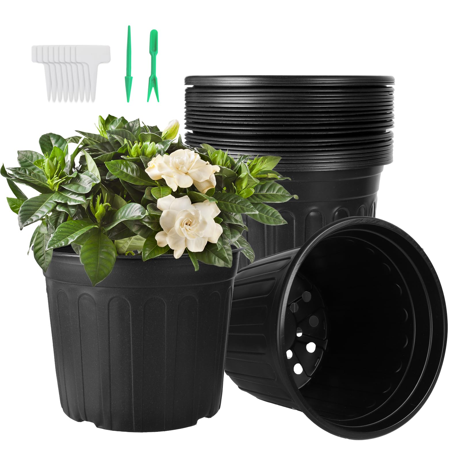 Huvai 24 Pack 3 Gallon Nursery Pots, Thickened Soft Black Plastic Plant Pots with 24Pcs Waterproof Plastic T-Type Plant Tags and 2Pcs/Set Transplanting Digging Mini Tools