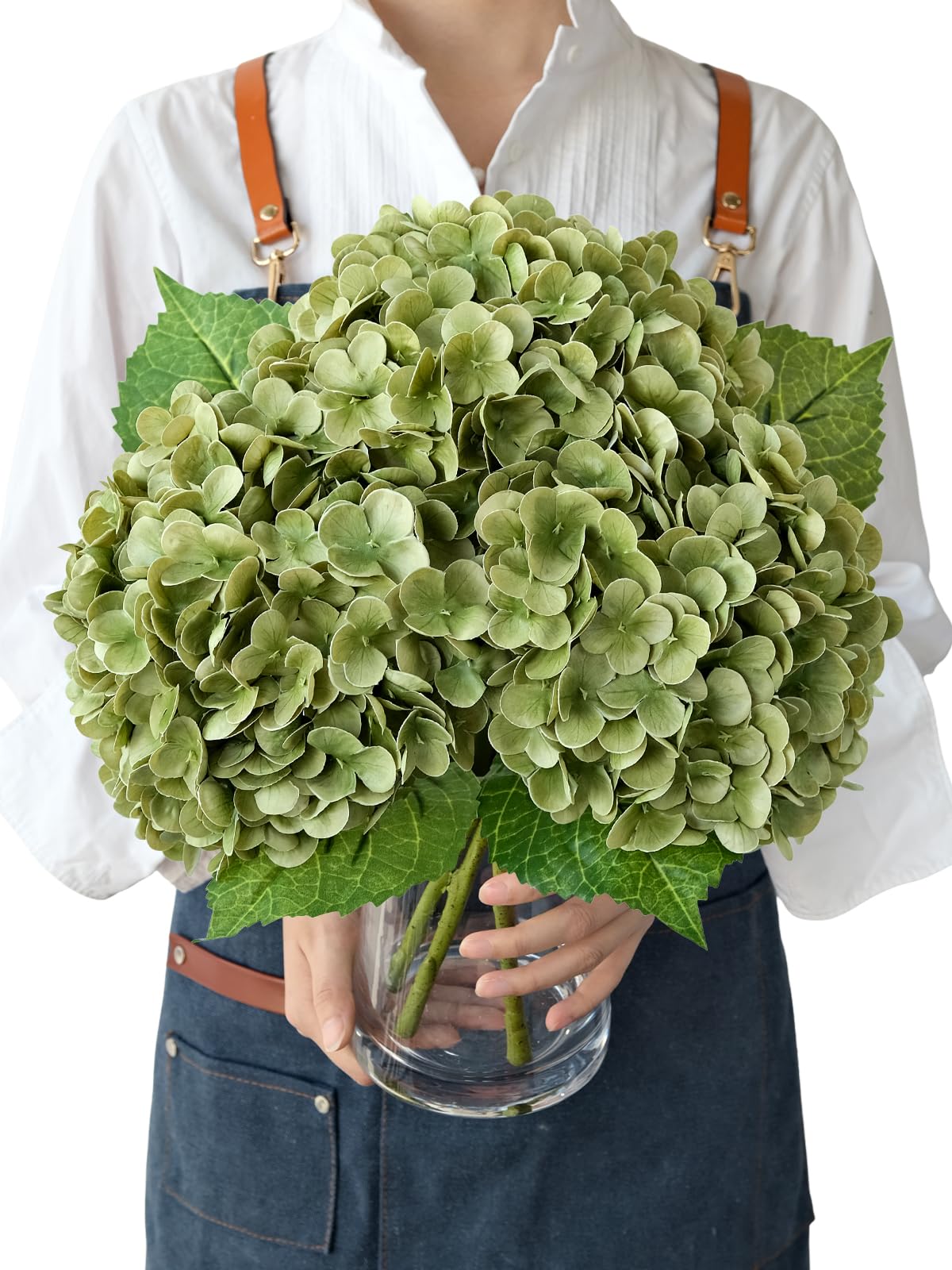 JINWOE Green Flowers Artificial Hydrangeas, 3Pcs 21” Latex Large Lifelike Faux Silk Flowers, Full Artificial Hydrangeas for Bouquet Table Centerpieces Indoor Spring Outdoor Home（Rosemary Green）