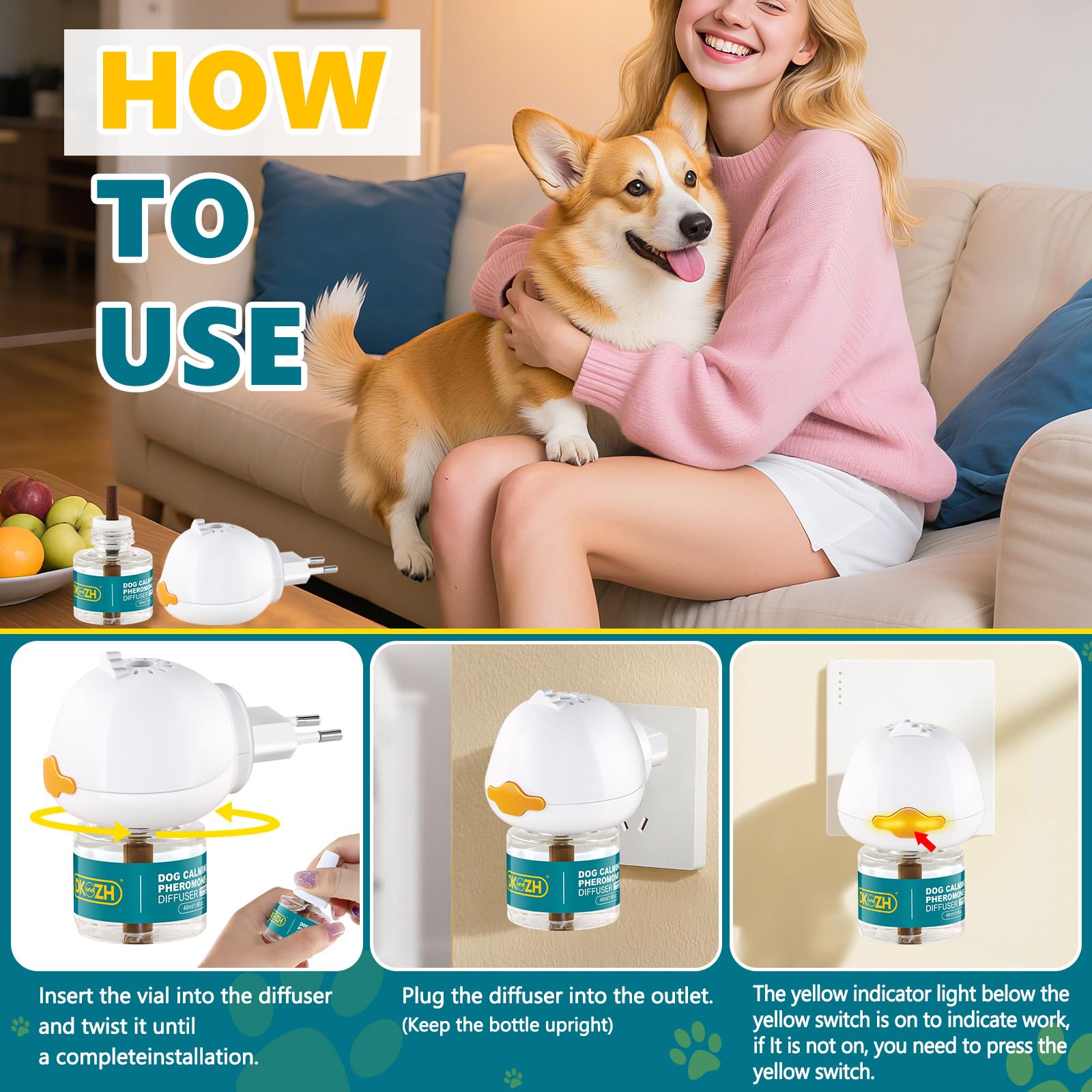 Diffuseur de Phéromones Calmant pour Chien, Calmant Apaisant Prise Phéromones pour Soulage L'anxiété de Séparation, le Stress, les Aboiements et les Mordillements (1 Diffuseur+2 Recharges 48 ML)