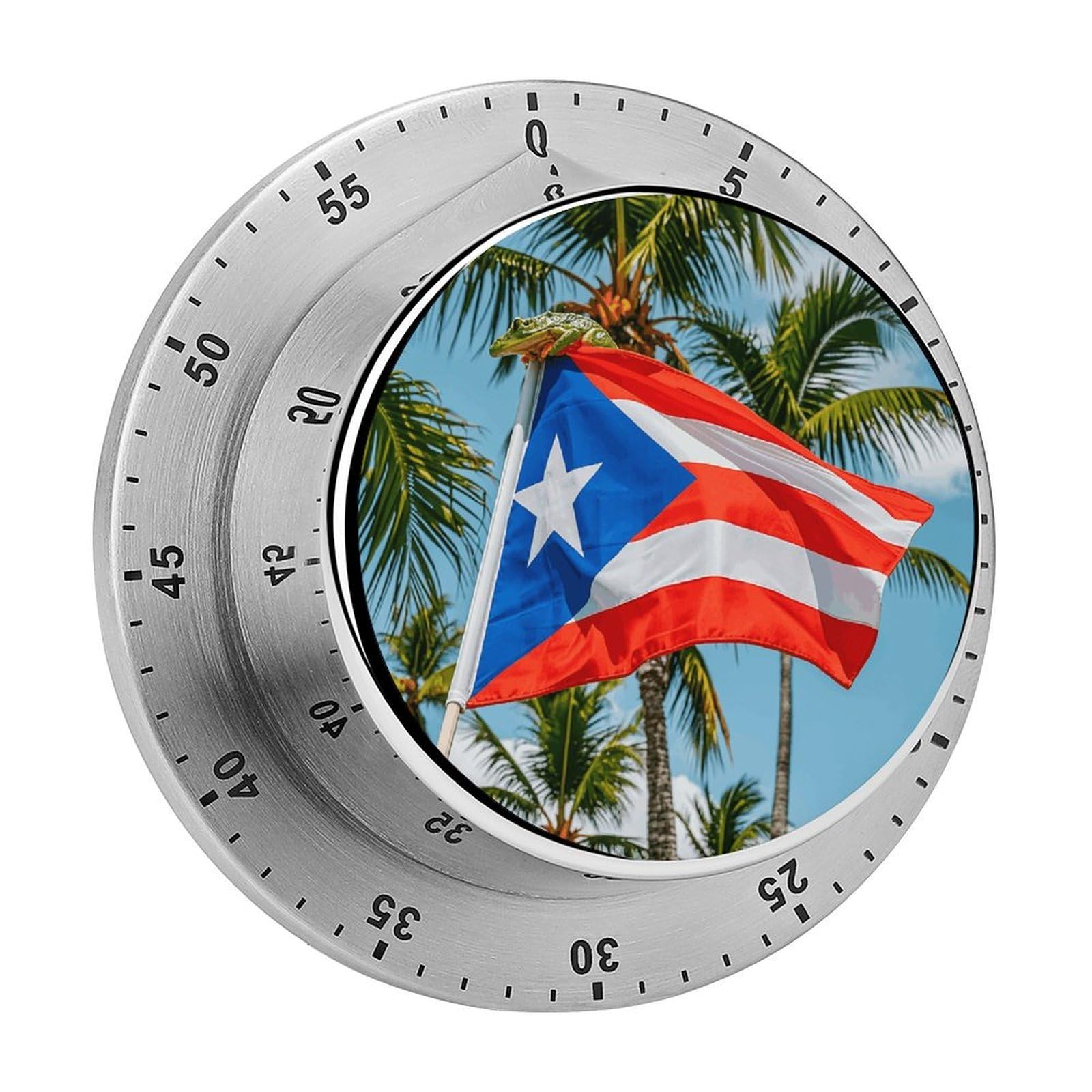 Puerto Rico Flags Frog Palm Trees Mechanical Kitchen Timer 60 Minute Wind Up Magnetic Timer Heavy Duty Stainless Steel Egg with Loud Alarm Manual Countdown Clock for Cooking, Office, Gym