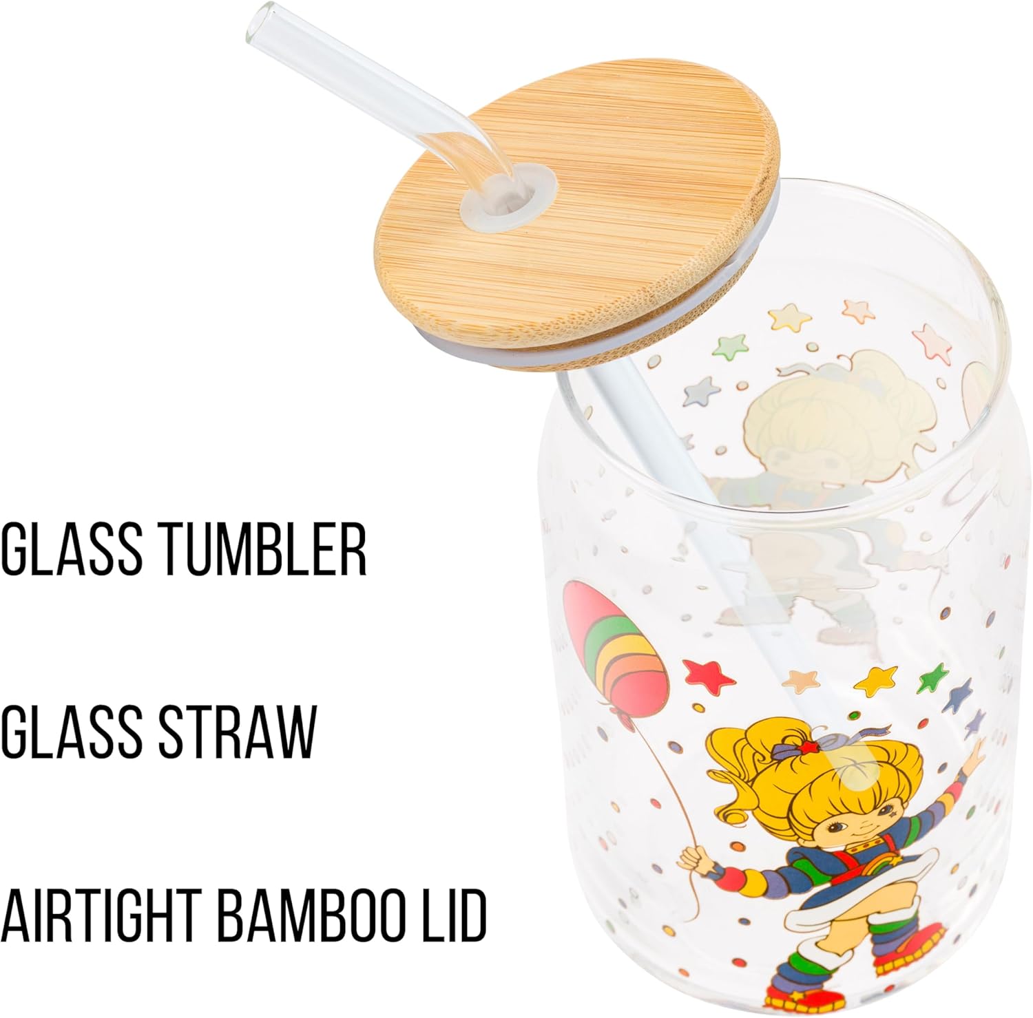 Silver Buffalo Rainbow Brite Balloon Glass Tumbler with Bamboo Lid and Glass Straw, 16 Ounces - Image 4