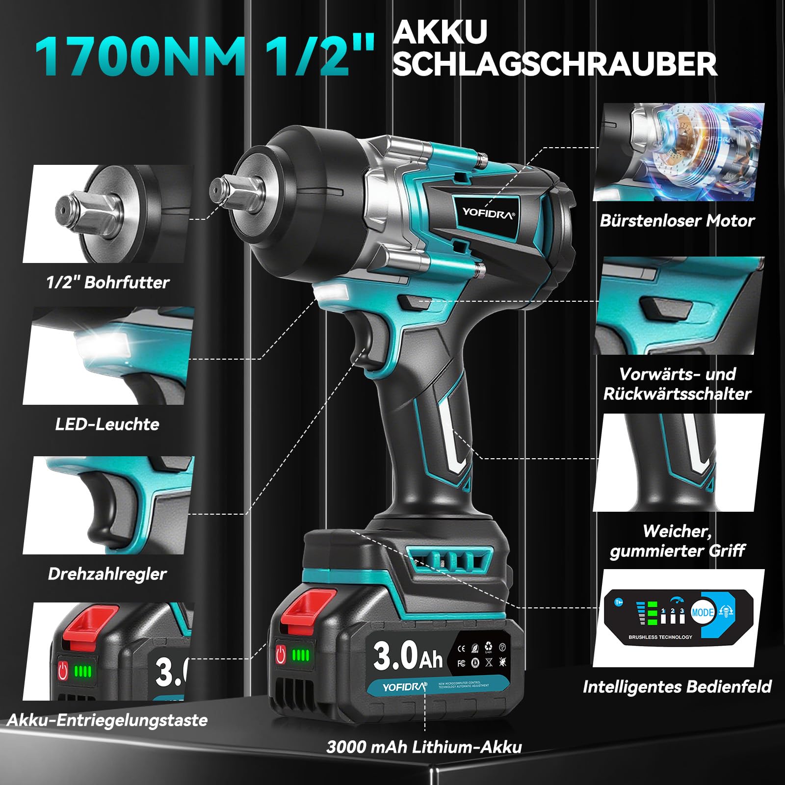 Yofidra Llave de Impacto Inalámbrica sin Escobillas 1700 Nm,1/2" Llave de Impacto Eléctrica 2 Batería 3000 mAh, 3 velocidades, luz LED, 4 vasos, Pistola de Impacto Baterías para y maquinaria pesada