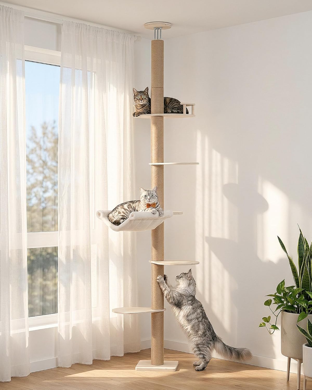 Floor to Ceiling Cat Tree for Large Cats, 76-108in Height Adjustable 5-Tier Wood Cat Tower, Cats Activity Center with Plush Hammock & Jute Rope Scratching Posts for Indoor Cats