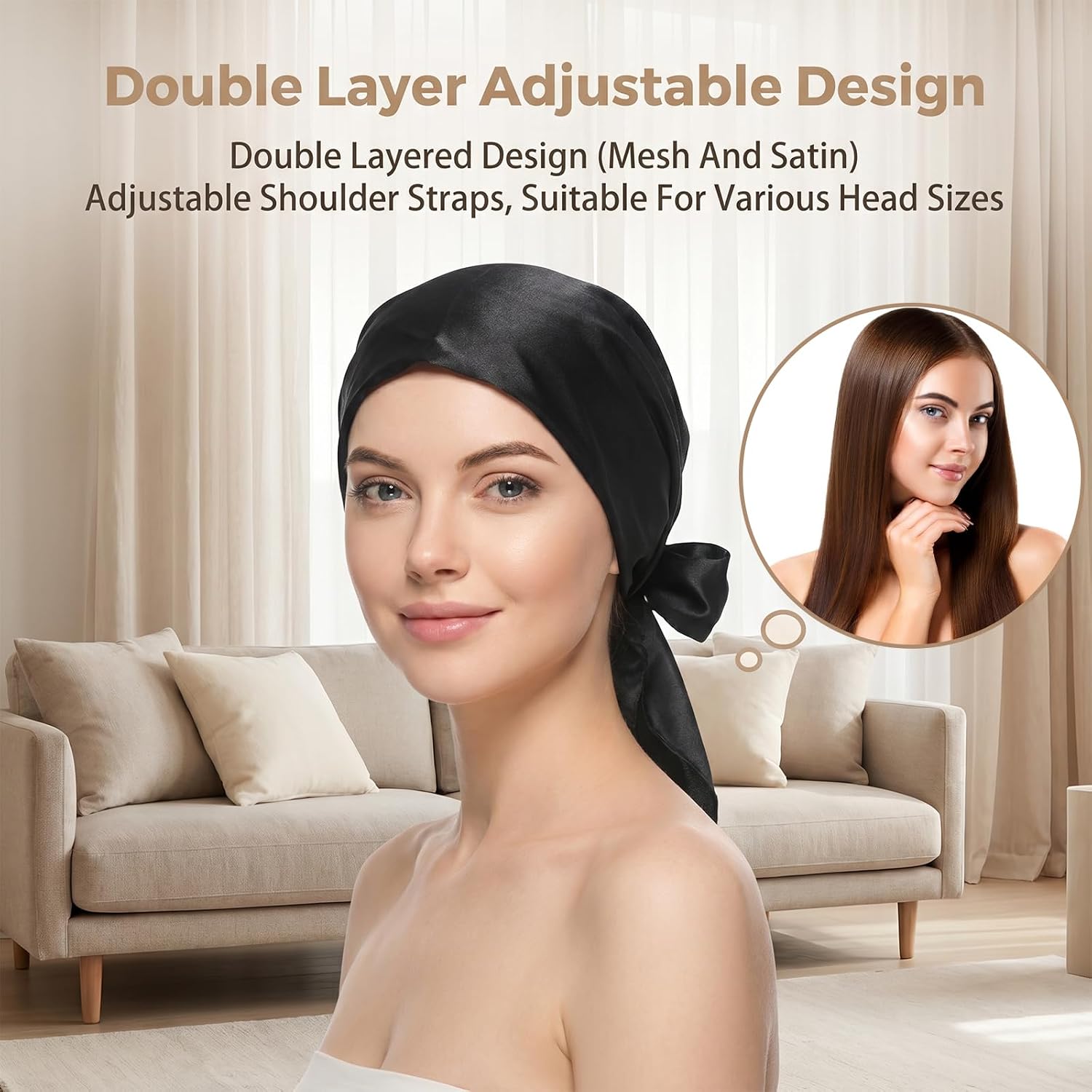 2-In-1 Wrap Cap Hair Net and Scarf Silk Press Wrap Sleep Shower Cap