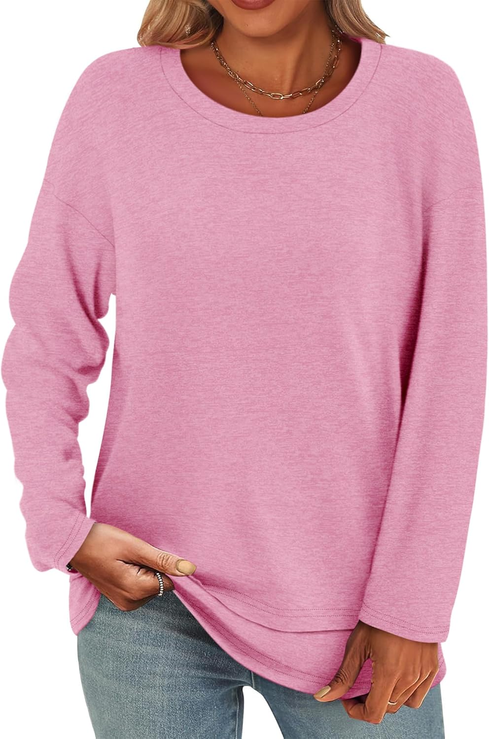 Women's Long Sleeve T-Shirts Solid Color Loose Fit Cute Basic Flowy Tops Spring Fall Casual Blouse - Image 4