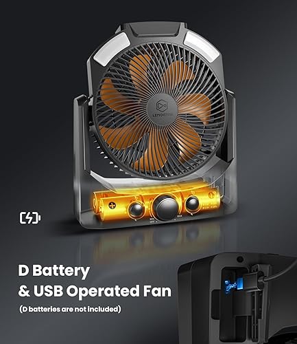 Miniatura 2 de Ventilador de campamento con linterna LED, ventilador de escritorio con pilas D de 8 pulgadas con temporizador, control de velocidad continuo de