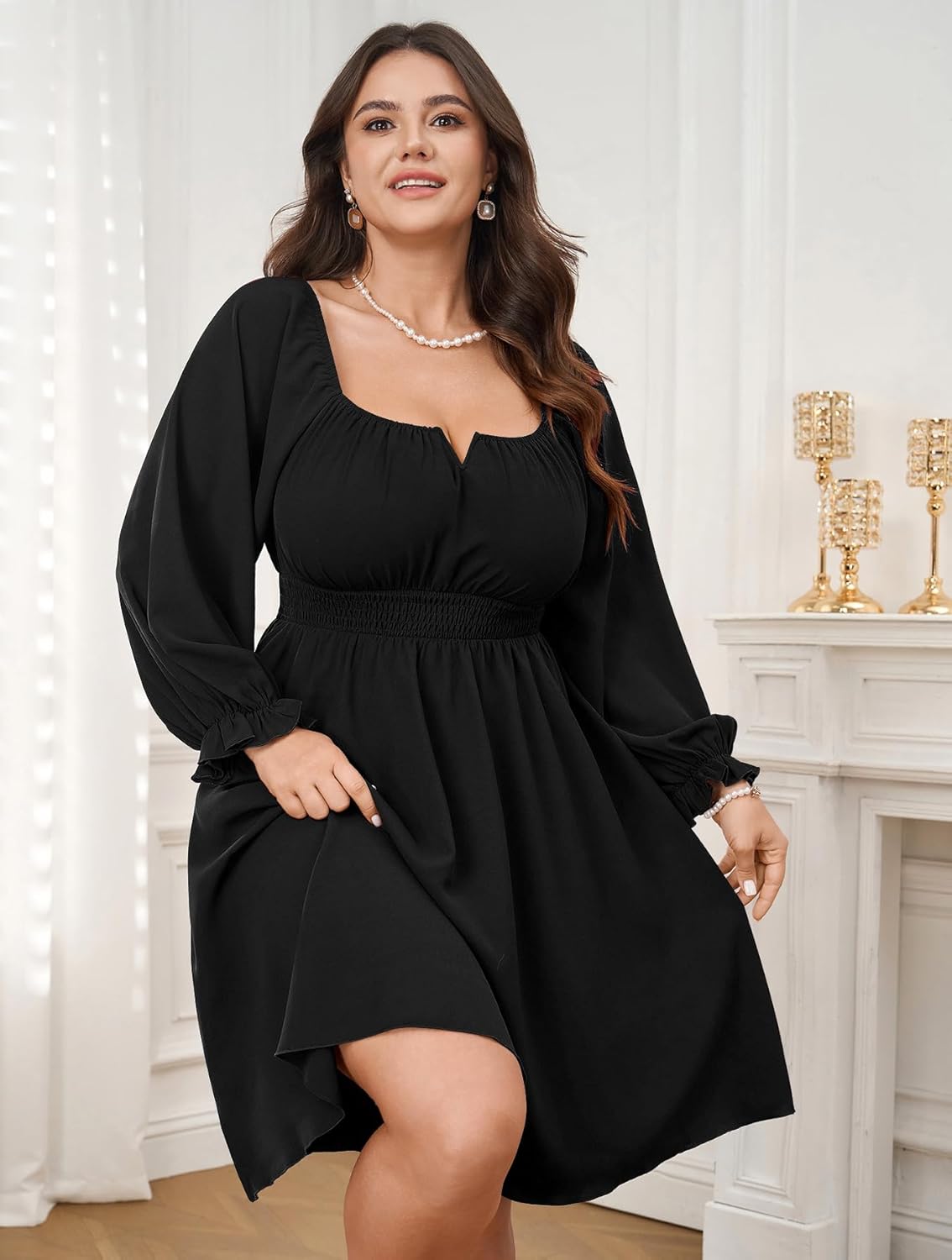 Womens Plus Size Cocktail Dress Fall Off Shoulder Long Sleeve Square Neck Smocked Waist Flowy A Line Short Dress - Image 2