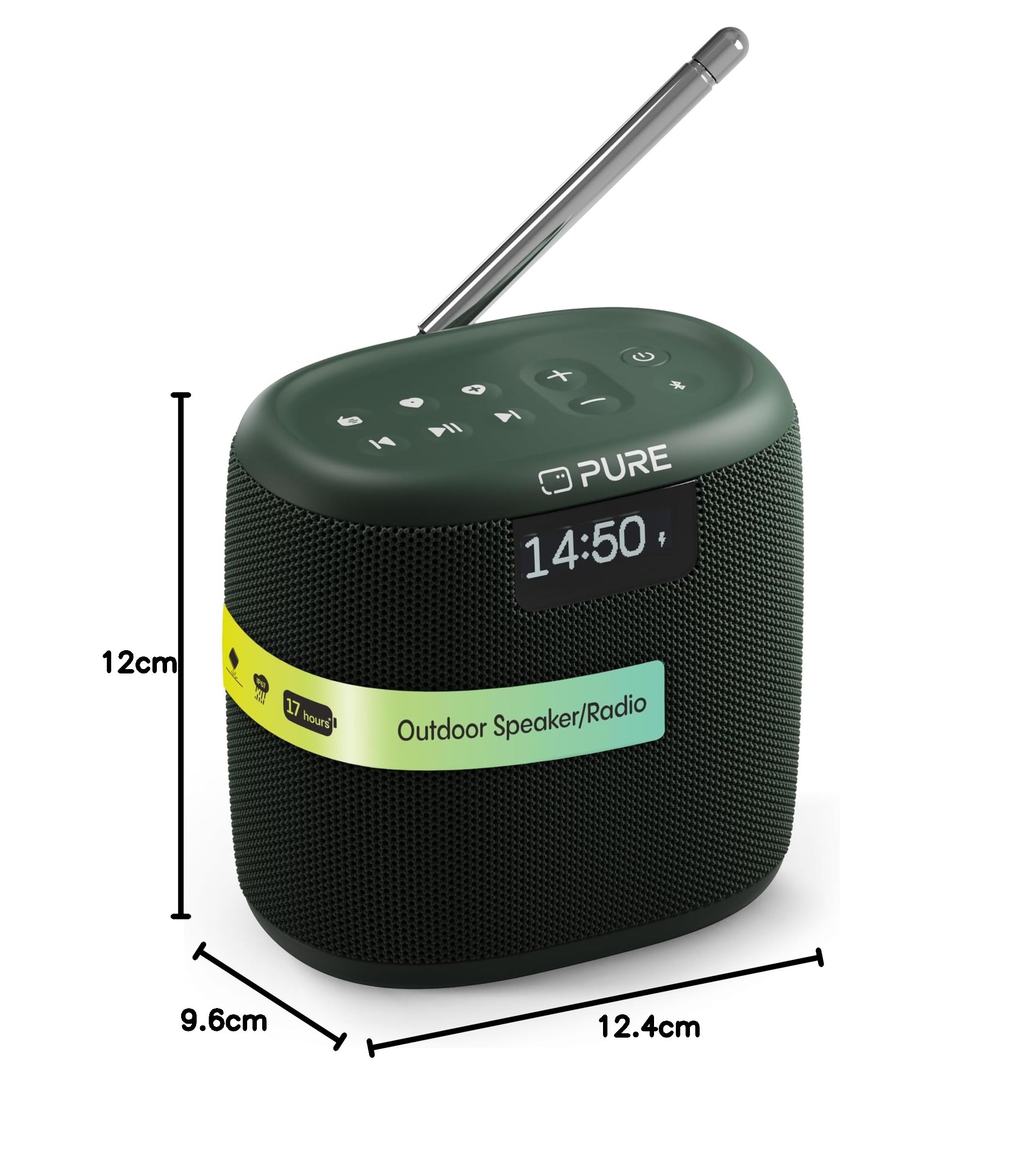 Pure Woodland Mini Altoparlante da esterno con Bluetooth e radio DAB+/FM (impermeabile IP67, portatile, batteria da 17h - perfetto per giardino e campeggio) Verde