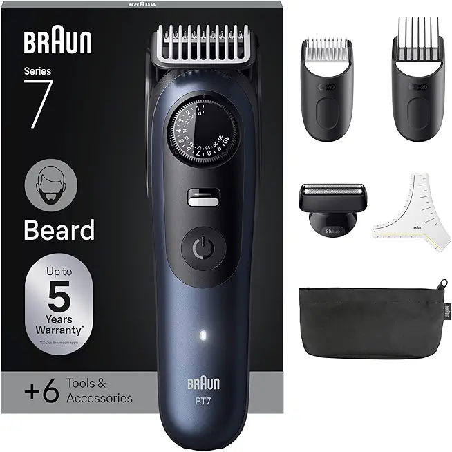 Braun Barttrimmer Series 7, Elektrischer Bartschneider Herren mit 6 Zubehörteile, Ultrascharfe ProBlade Klinge, 120 Min Akkulaufzeit, Kabelloser Bartrasierer, 40 Längen, Wasserdicht, BT7520, Blau