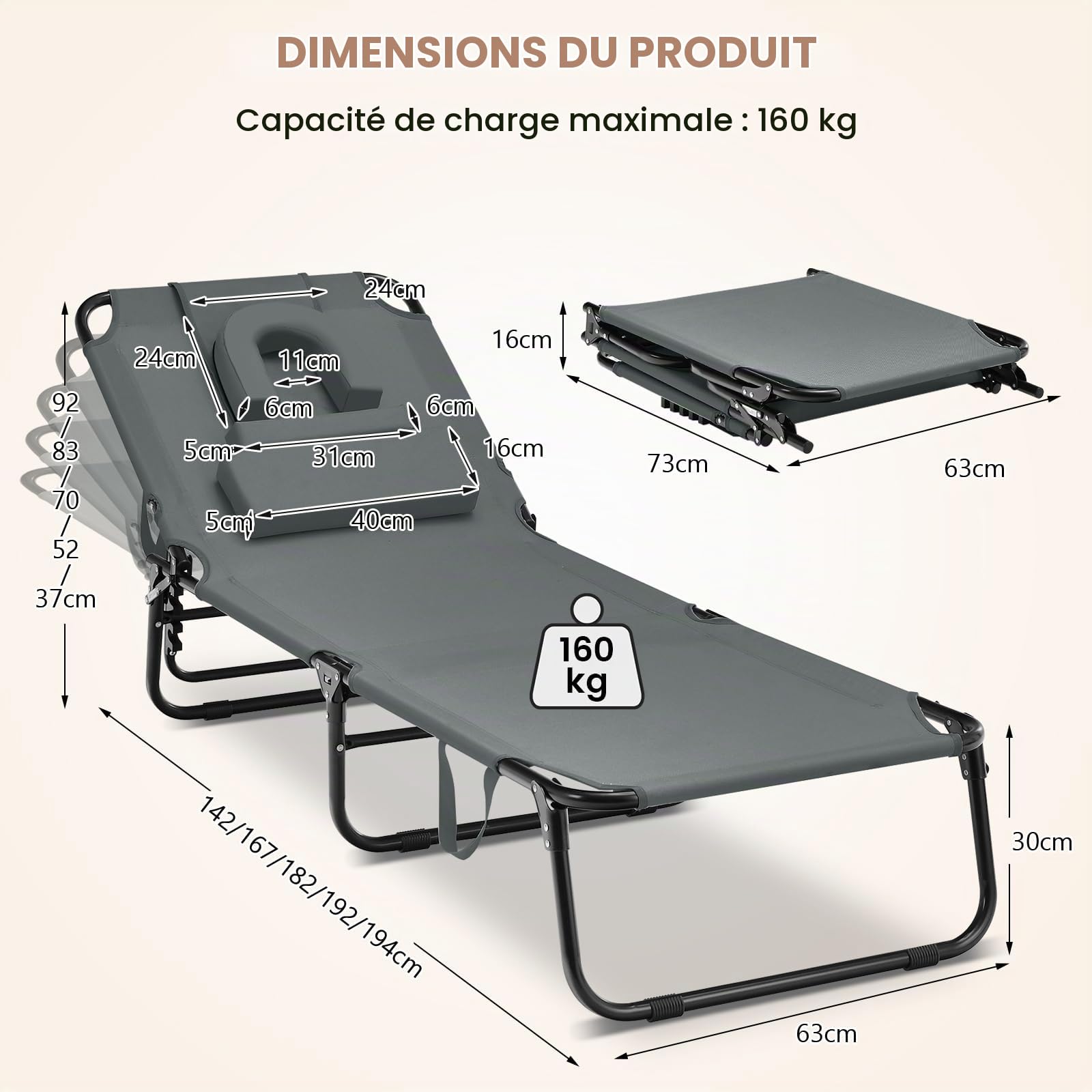 GIANTEX Chaise Longue Pliante pour Bronzage, Charge 160 kg, Dossier Réglable à 5 Positions, Repose-Pieds à 2 Positions, Bain de Soleil, Trou pour Visage, Transat Jardin pour Piscine, Plage, Gris