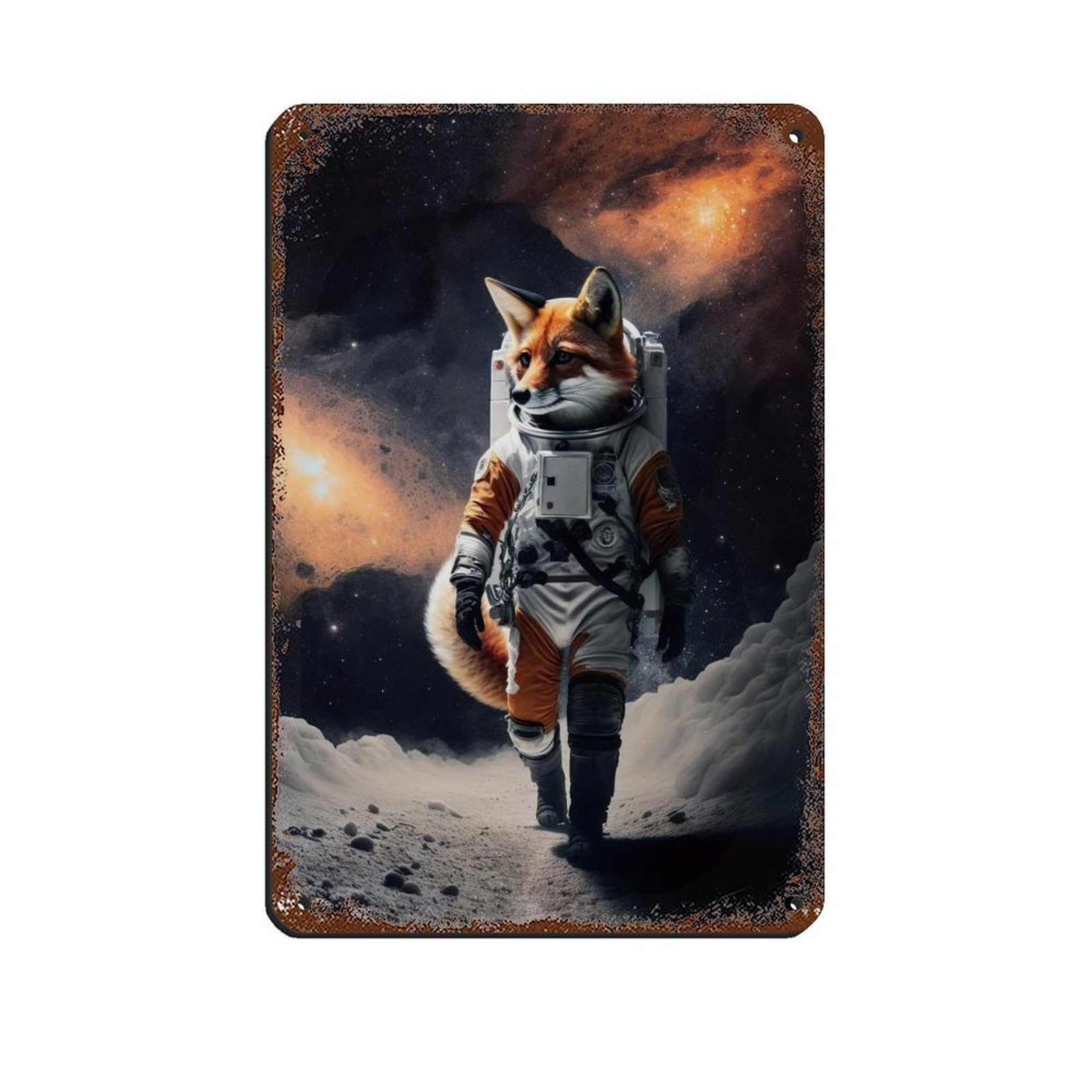 Astronaut Fox, Futuristic Animal Tin Sign Vintage Metal Pub Club Cafe Bar Home Wall Art Decoration Poster Retro 8x12inch(20x30cm)