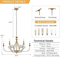 Vista 3 de Candelabro Moderno de 6 Luces 36.6" Candelabros de Vela de Latón Lámpara Colgante de Metal Dorado para Comedor, Sala de Estar, Isla de Cocina
