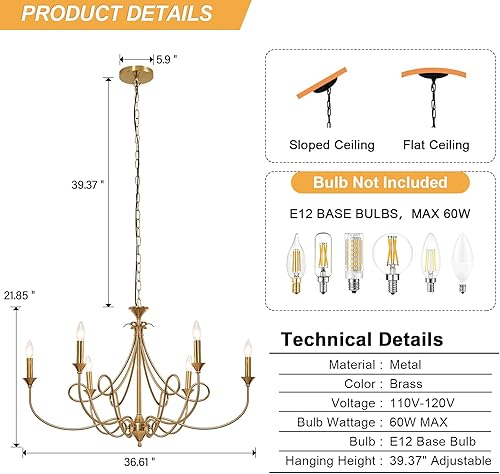 Miniatura 3 de Candelabro moderno de 6 luces de 36.6 pulgadas de latón, lámpara colgante de metal dorado para comedor, sala de estar, cocina, isla, vestíbulo,