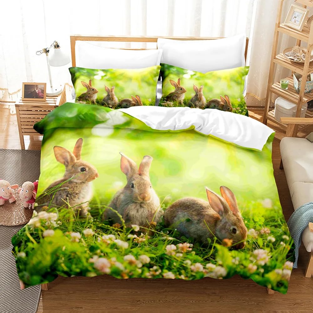 QBIDCSX Bedding Sets Single Grey rabbit Bedding Sets Single Koala Duvet Cover 200x200cm with Zipper Closure, Hypoallergenic Quilt Cover with 2 Pillowcase for Boys Kids Girls