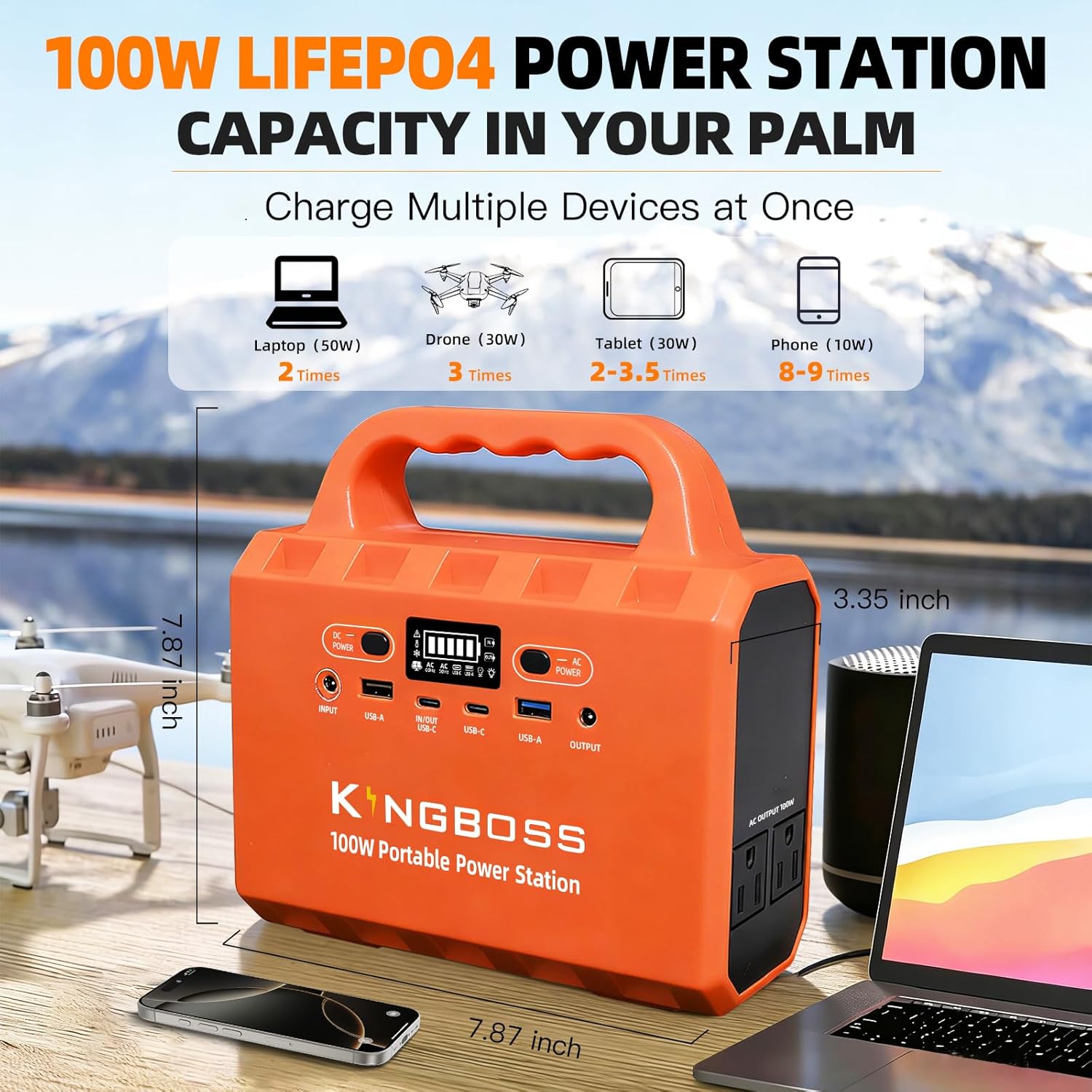 KINGBOSS 100W Portable Power Station, 96Wh LiFePO4 Battery Small Generator Ultra-Light, 65W Fast Charging 3000+ Cycles Solar Power Bank AC/DC/USB-C/A Outputs for Camping Home Backup Outdoor