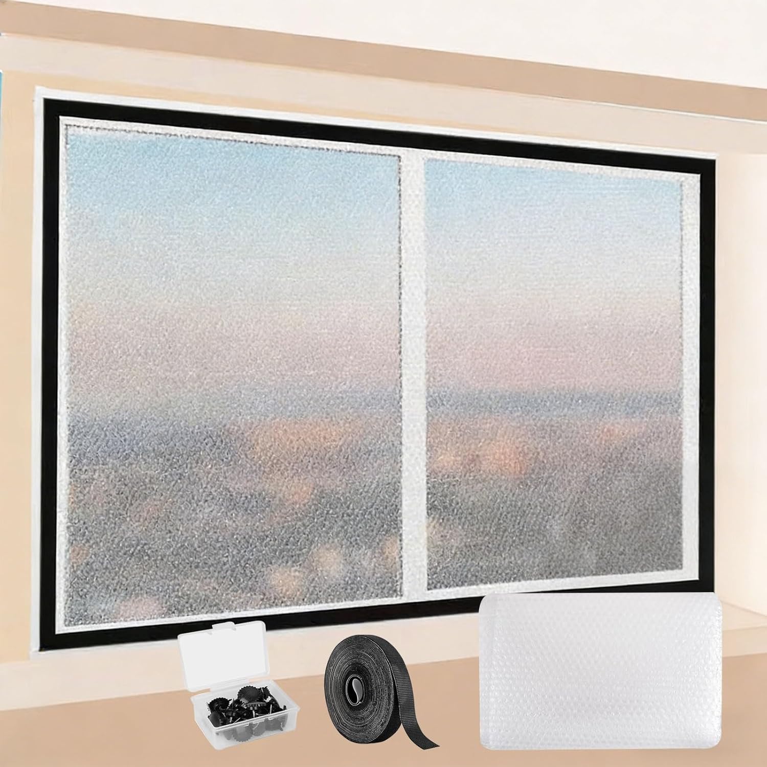 Window Plastic Insulation Kit, Thermal Insulated Window Cover Curtain, Weatherproofing Windows Insulation Film, Translucent Windows Film Bubble Winter Keep Warm Draperies(Black,W63inxH110in)