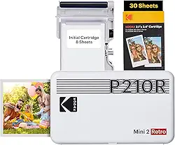 Impressora fotográfico portátil KODAK Mini 2 Retro 4PASS, 5,3 x 8,6 cm, pacote de 68 folhas, branca