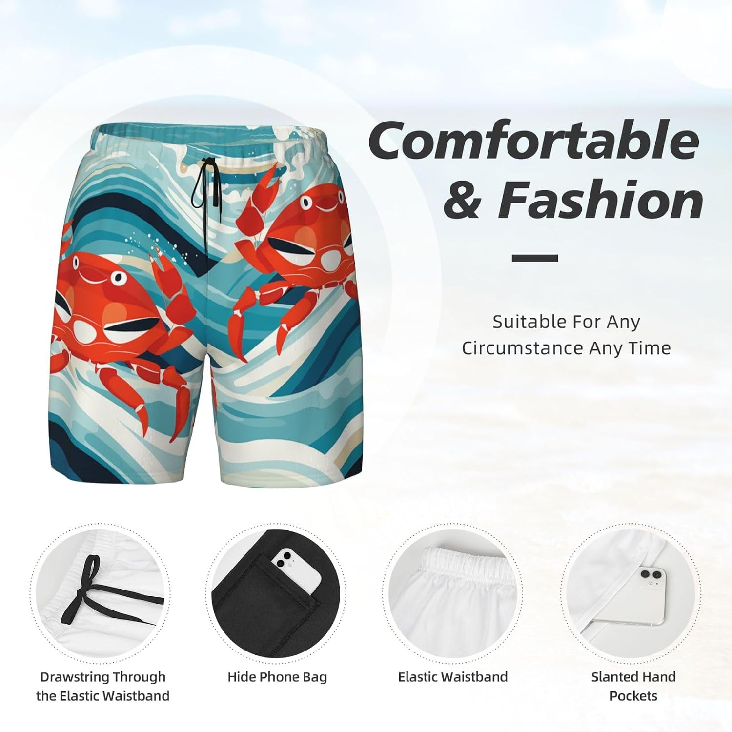 Men's Swim Trunks 2 in 1 Quick Dry Bathing Suits Crab with Glasses Beach Board Shorts Swimwear