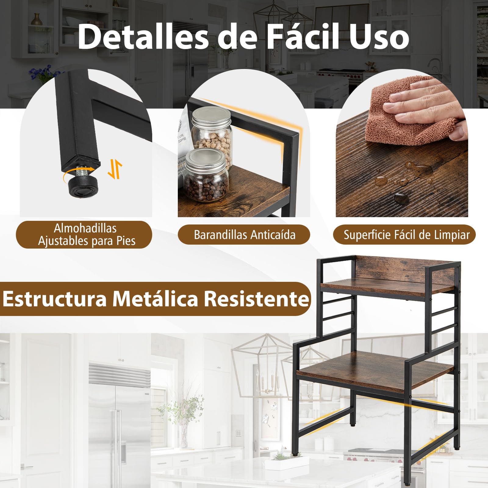 GIANTEX Especiero para Cocina 2 Niveles, Estantería de Especias en Forma de Escalera, 52 x 42 x 78 cm, con Kit Antivuelco y Patas Ajustable, Organizador de Especias para Cocina, Comedor