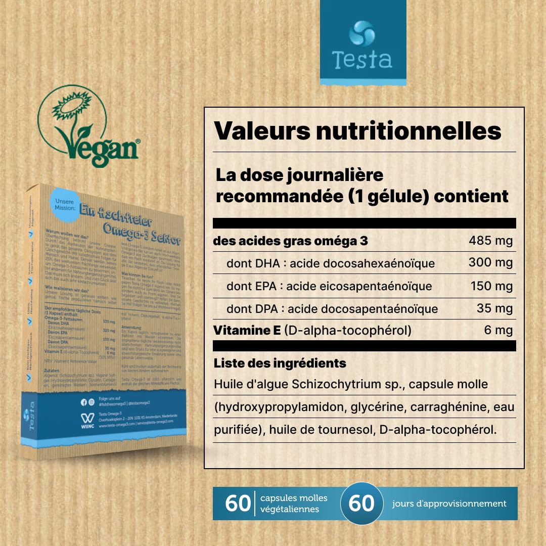 Omega 3 Vegan - Huile d'Algue haute concentration - 300 mg DHA + 150 mg EPA par capsule - Bénéfique pour le Cœur, le Cerveau et les Yeux - 100% Végétal - 60 capsules (2 Mois)