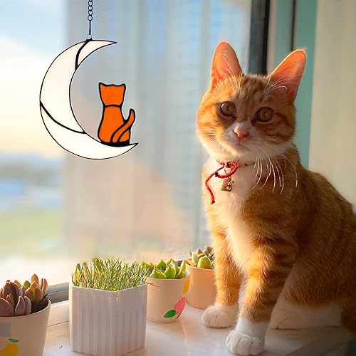 Miniatura 2 de Adorno de cristal de gato naranja para amantes de los gatos, regalo conmemorativo de gato atigrado, decoración colgante para ventana, diseño de luna