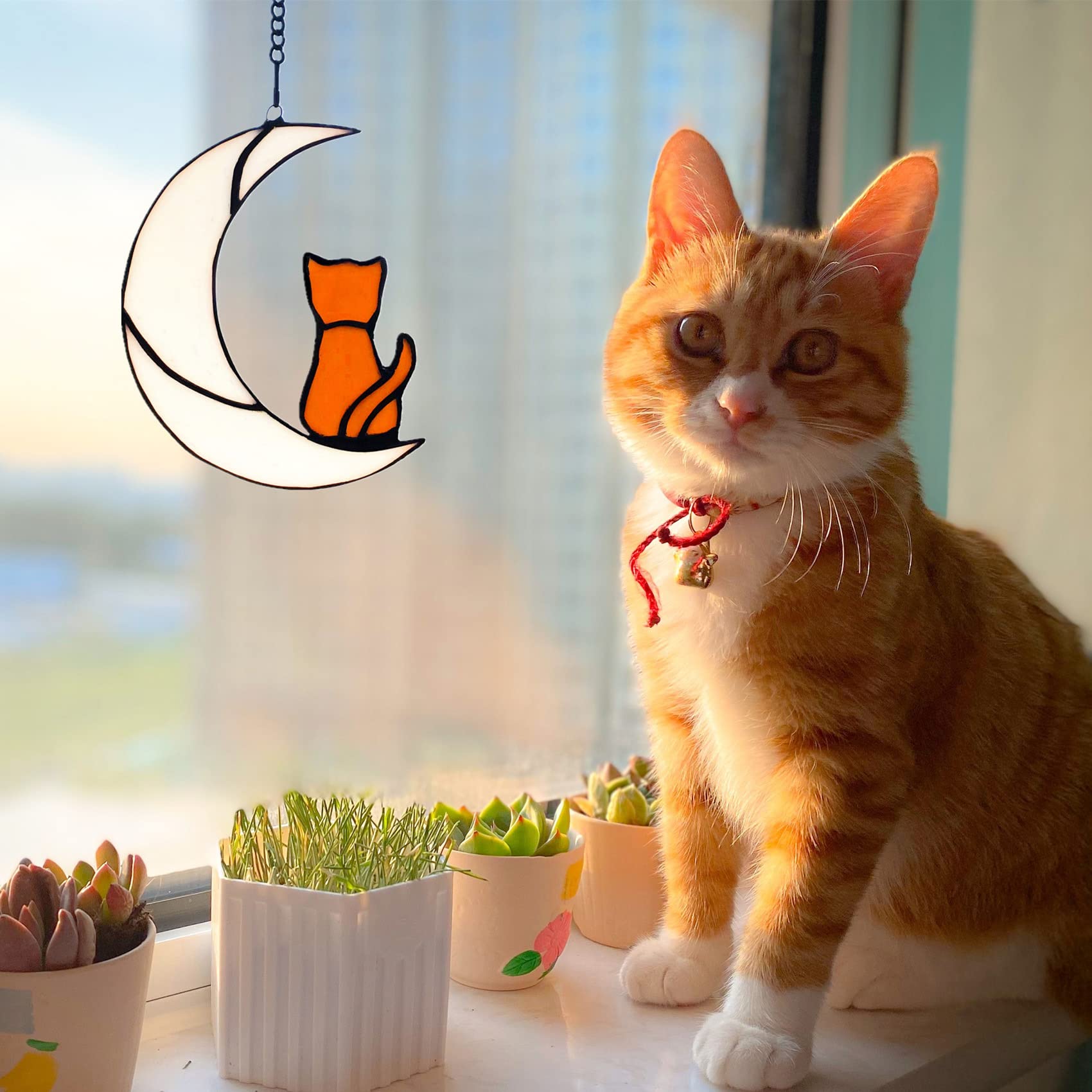 Lcensp Orange Cat Glass Ornament for Cat Lovers, Tabby Cat Memorial Gift, Hanging Cat Suncatcher Decor for Window, White Moon Design, 6.3x5.1in, Handmade