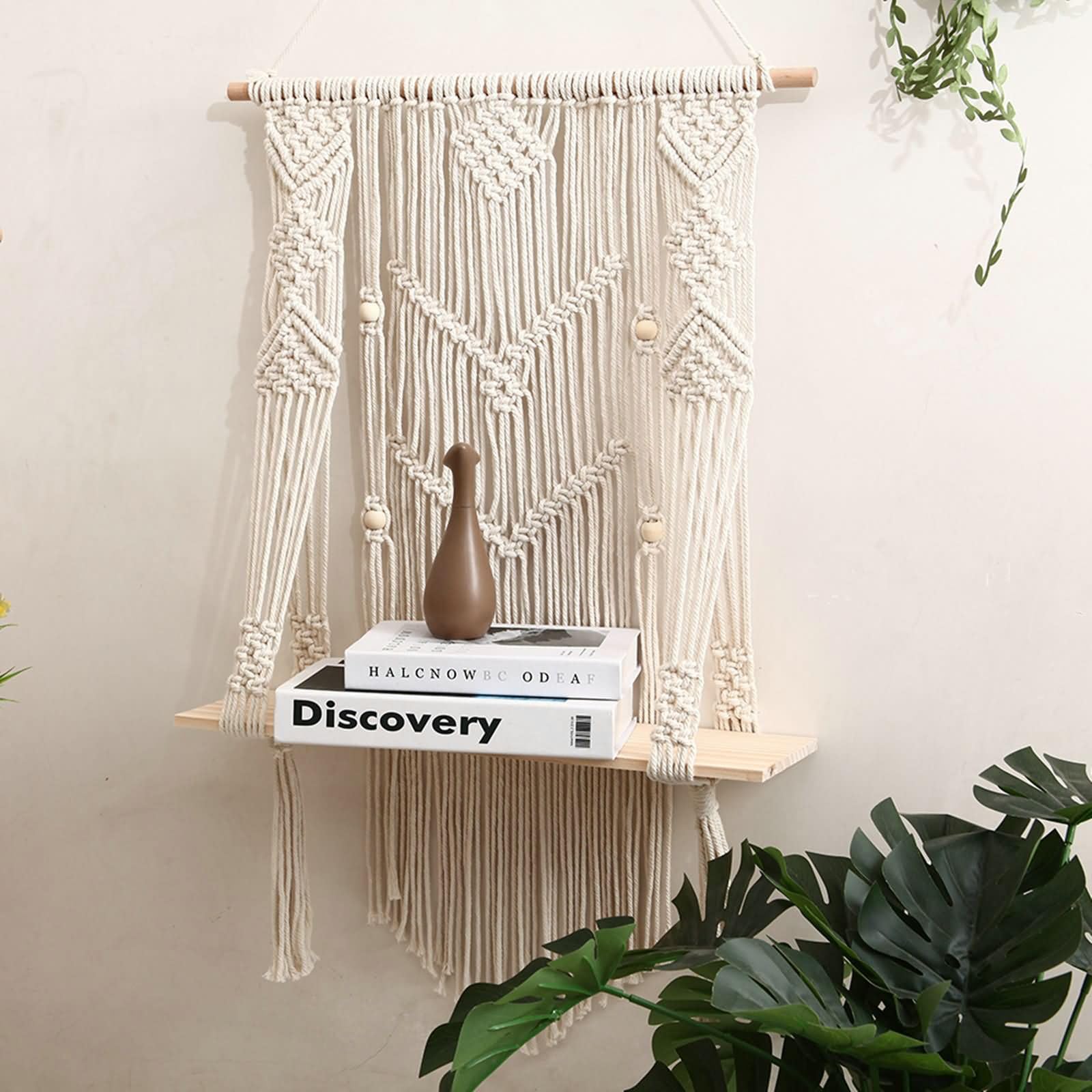 Daesar Tapiz Habitación Madera con Borlas Tejidas,Tapices Macrame Beige Tapiz Macrame Estanteria,50x80cm