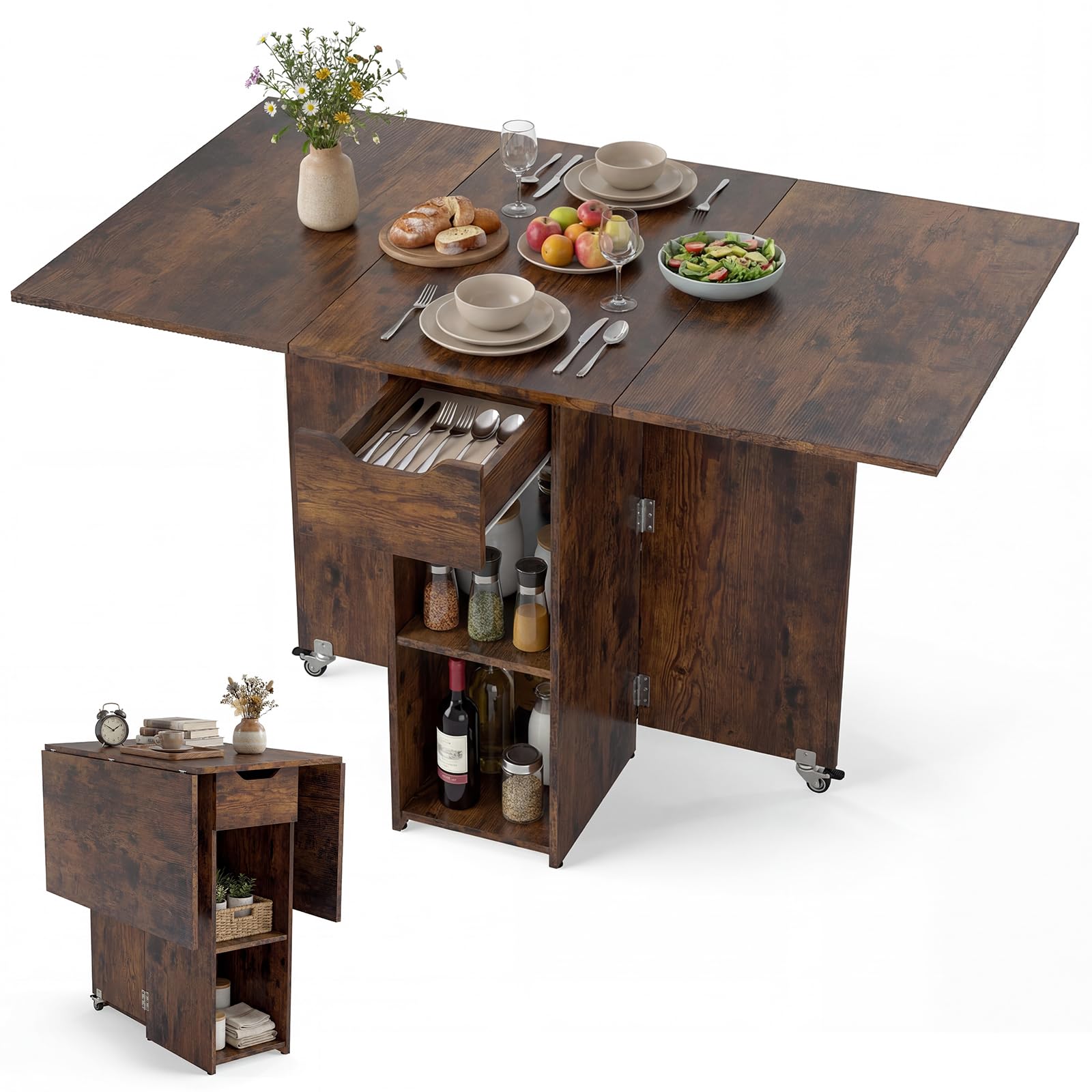 GIANTEX Tavolo da Pranzo Pieghevole, Mobile da Cucina con Ali Pieghevoli, 1 Cassetto e 2 Ripiani Aperti, per 2-4 Persone, Salvaspazio, 120 x 72 x 75 cm, Ideale per Sala e Cucina