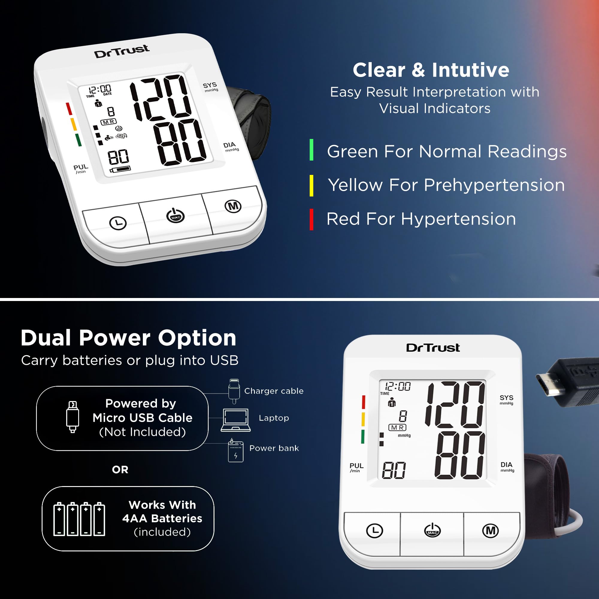Dr Trust (USA) ICheck Fully Automatic Digital Blood Pressure Monitor Machine with MDI Technology, Large Display Cuff,Accurate BP Monitor for Home Use (White) β Model 116 1