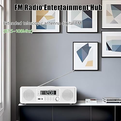 Miniatura 6 de Reproductor de CD Bluetooth retro con reloj despertador y radio FM, altavoces estéreo de 20 W, diseño de carga superior, alarma dual, entrada
