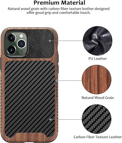 Miniatura 2 de Funda magnética compatible con iPhone 11 Pro Max compatible con MagSafe diseño de fibra de carbono de madera y cuero, funda híbrida a prueba de