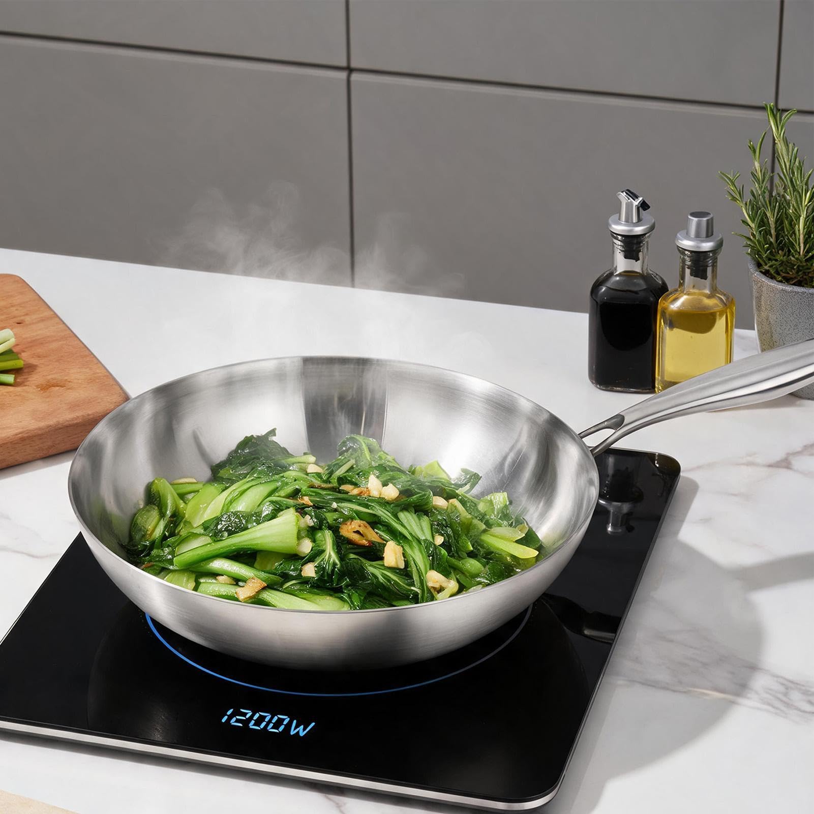 Sartén profunda Woks de fondo plano sin revestimiento | Sartén de acero inoxidable para todas las estufas, asar, estofar, hervir, hervir, comidas familiares, mariscos, desayunos