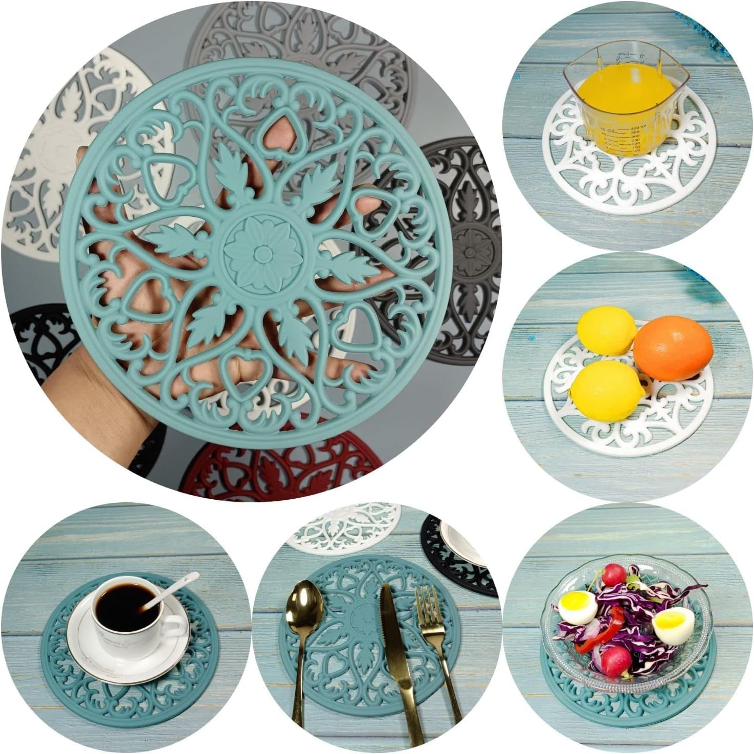 Silicone Trivets for Hot Dishes, Hot Pots and Pans, Modern Silicone Hot Pads for Kitchen, Multi-Use Intricately Carved Trivet Mat for Contertop, Green Round Pot Holders for Table Top Pack 6