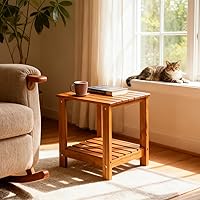 Vista 5 de Utoplike Mesa auxiliar de teca para exteriores, mesa auxiliar de doble capa, mesas de café de madera para patio trasero, jardín, cama, sala